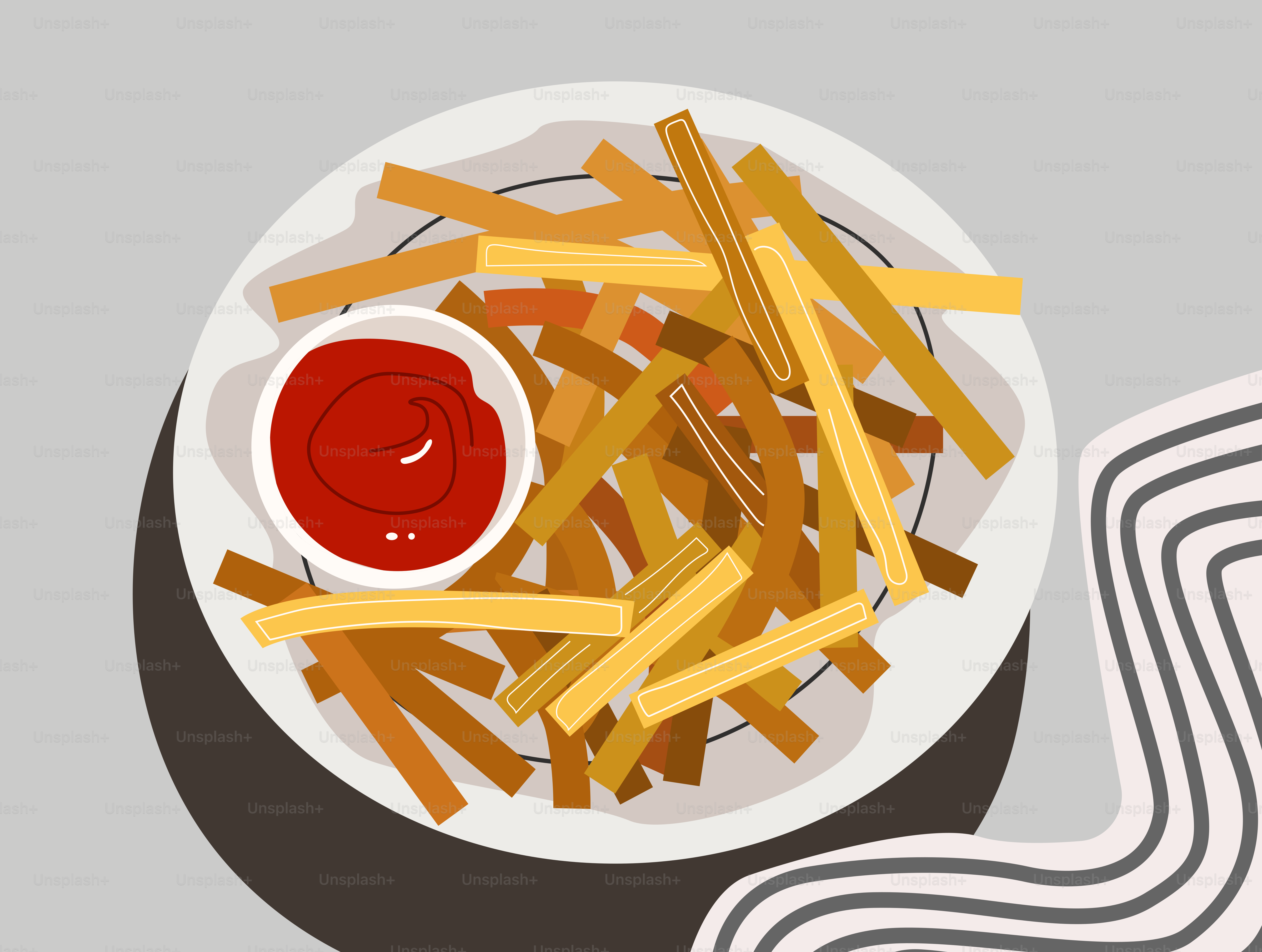 A plate of french fries and ketchup on a plate