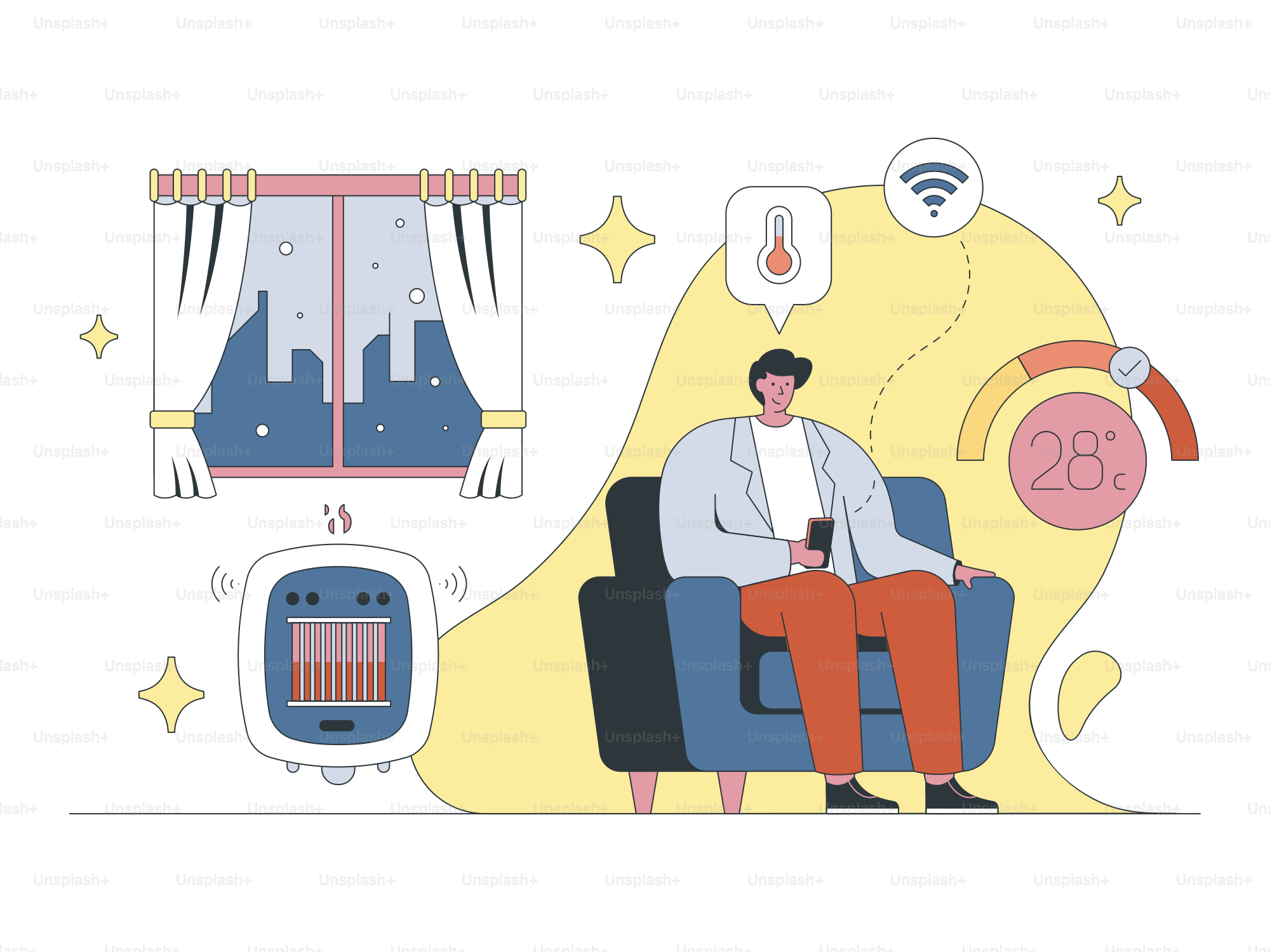 um, homem, sentando, em, um, cadeira, com, um, smartphone