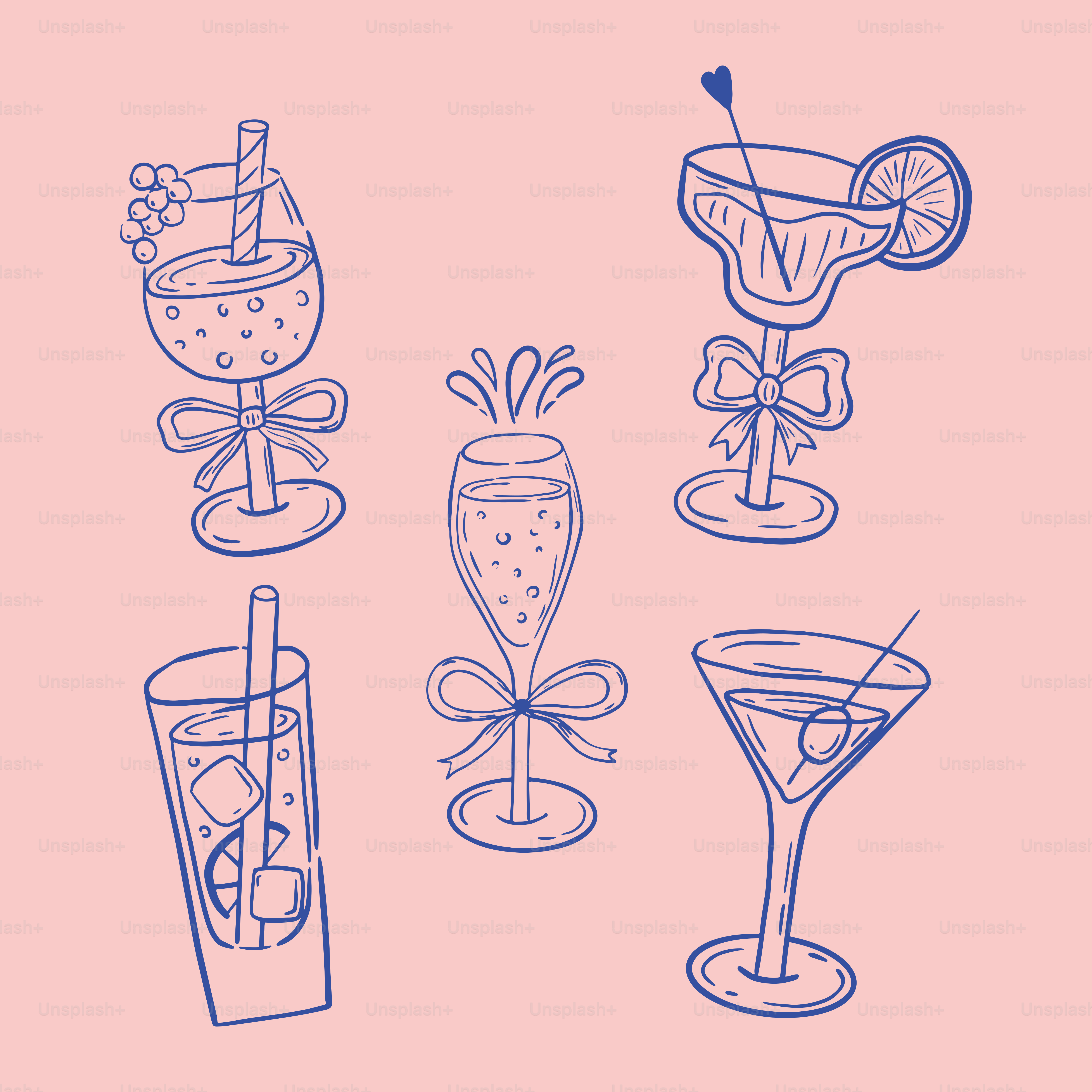 ピンクの背景に様々な種類の飲み物のイラスト