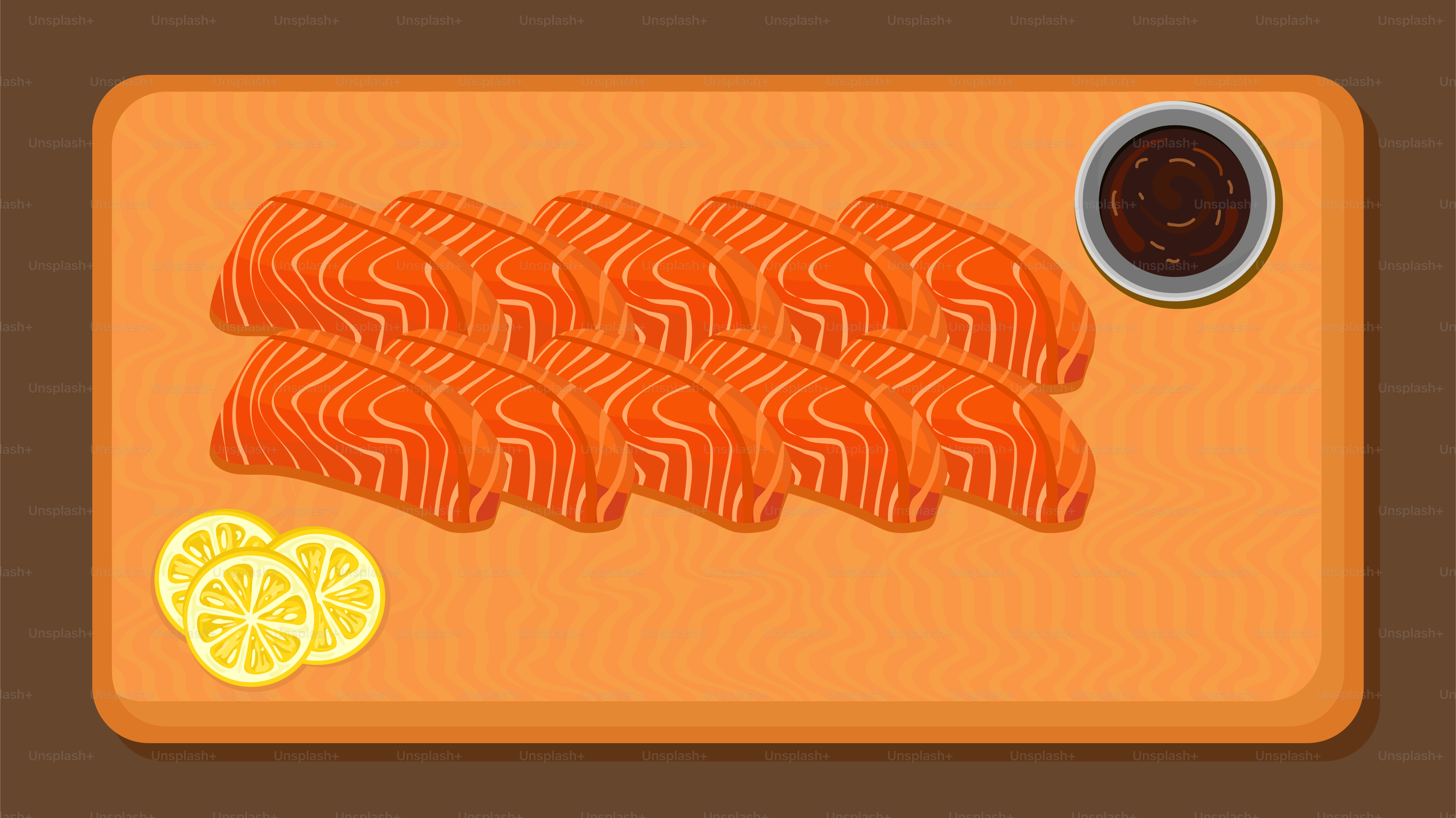 A cutting board with sliced salmon and a bowl of dipping sauce