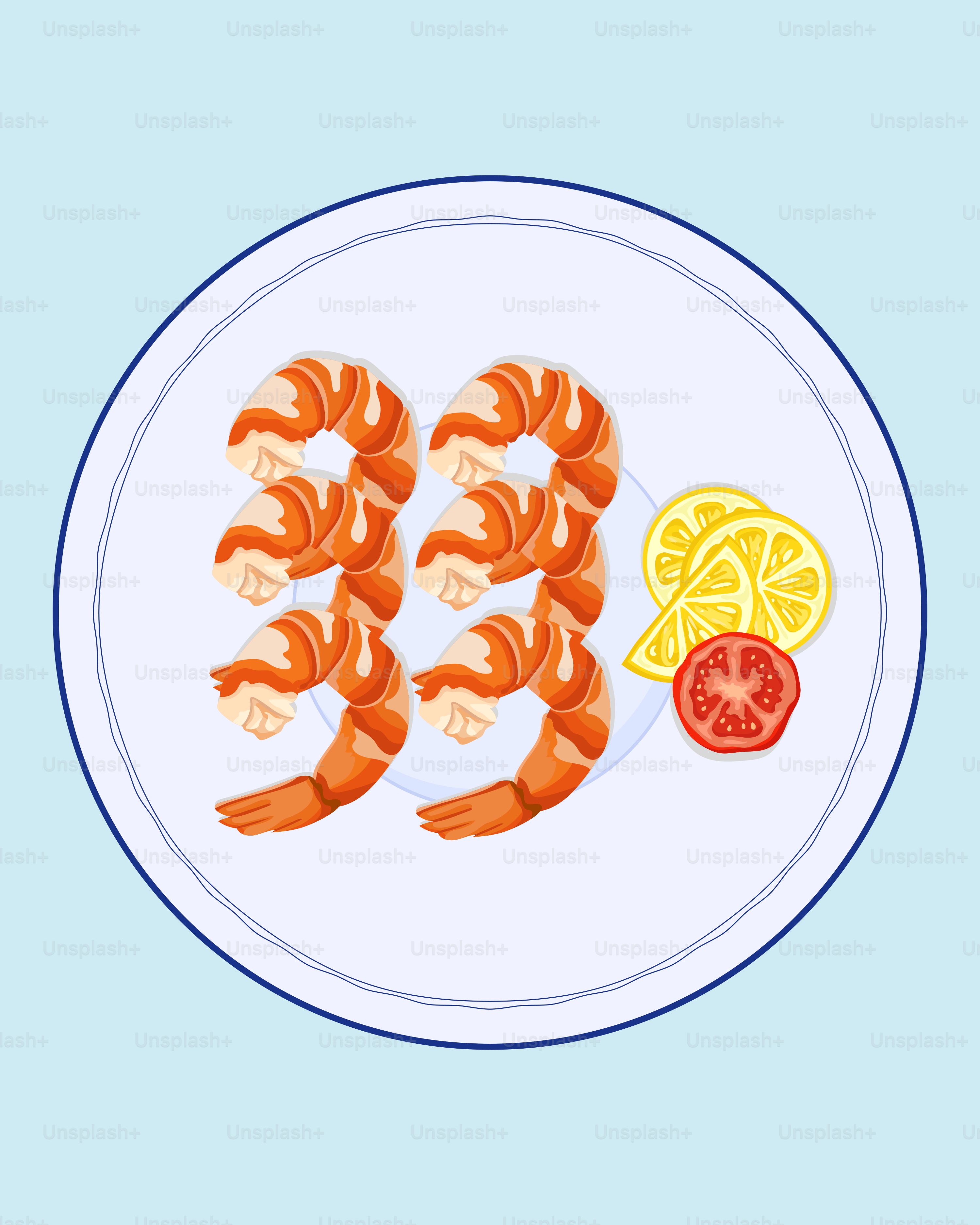 Ein Teller mit Essen mit Garnelen, Zitrone und Tomaten