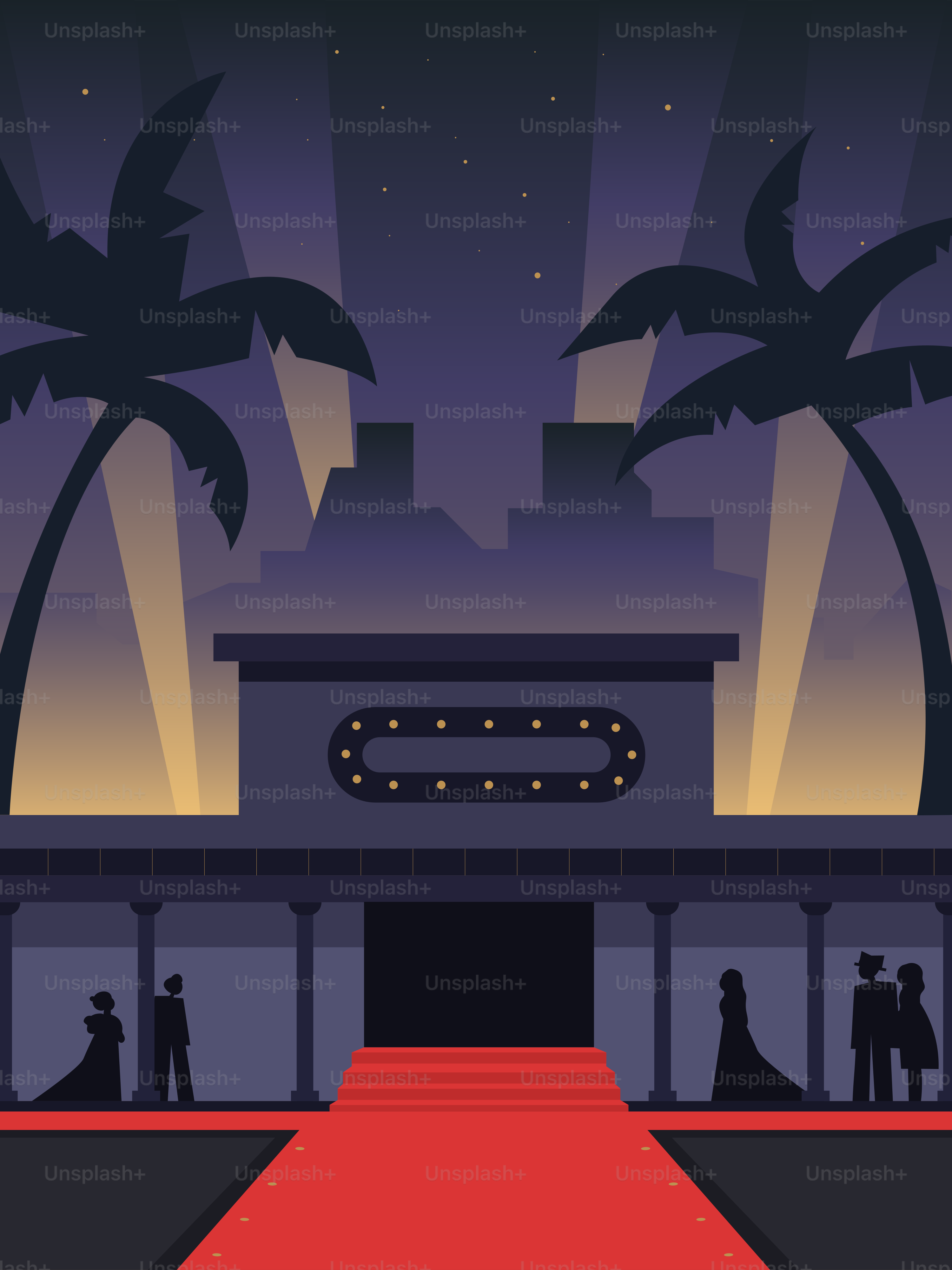 A red carpet leading to a building with palm trees