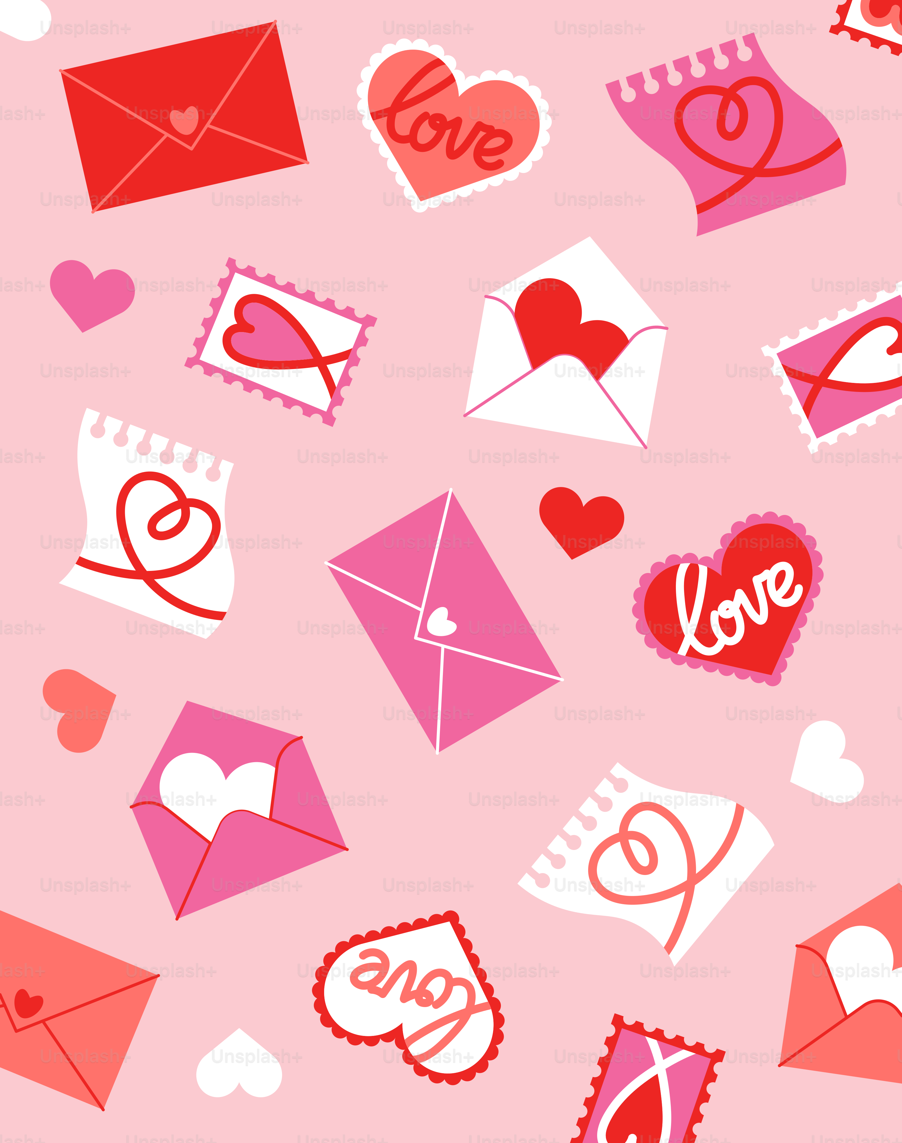 Un fondo rosa con corazones y sobres