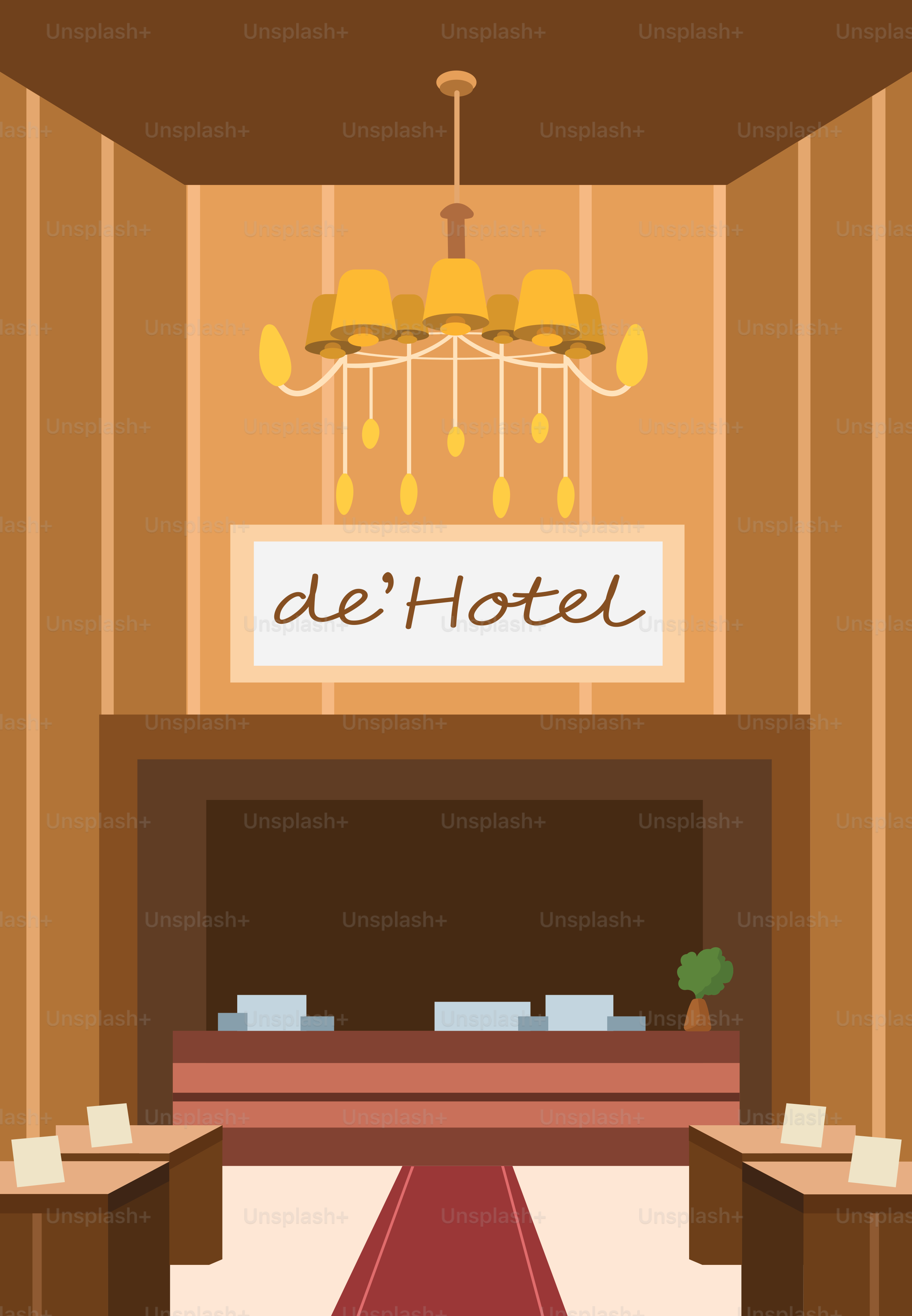 Una hall d'albergo con tappeto rosso e lampadario