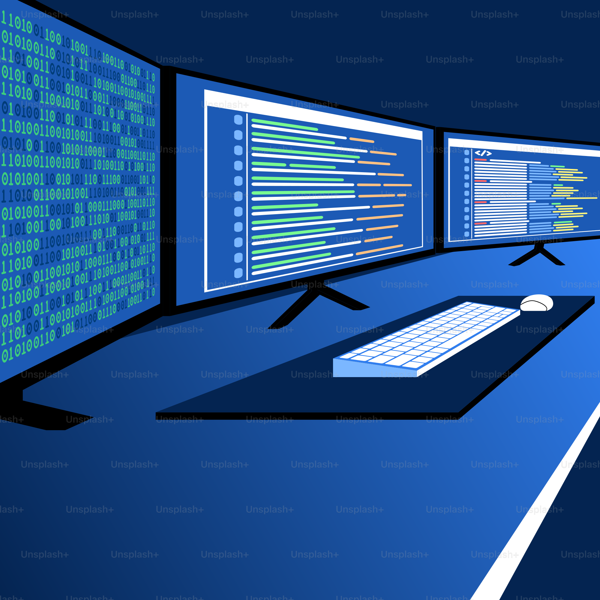 Una sala de ordenadores con varios monitores y un teclado