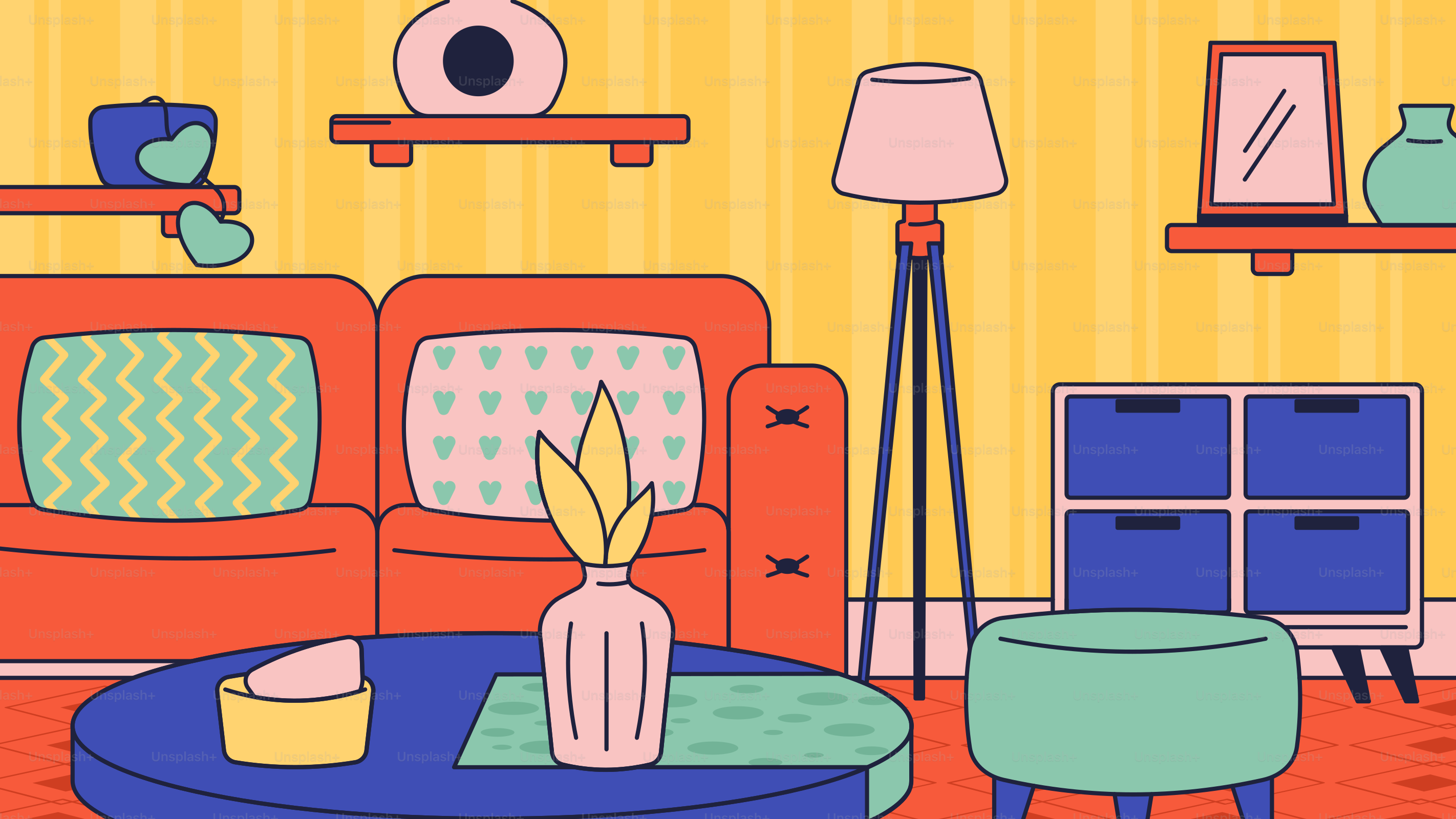 家具とランプでいっぱいのリビングルーム