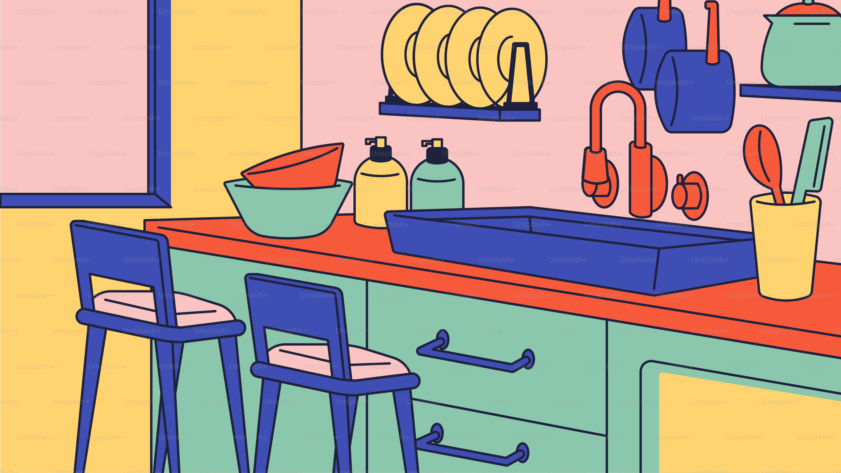 A drawing of a kitchen with a sink and counter