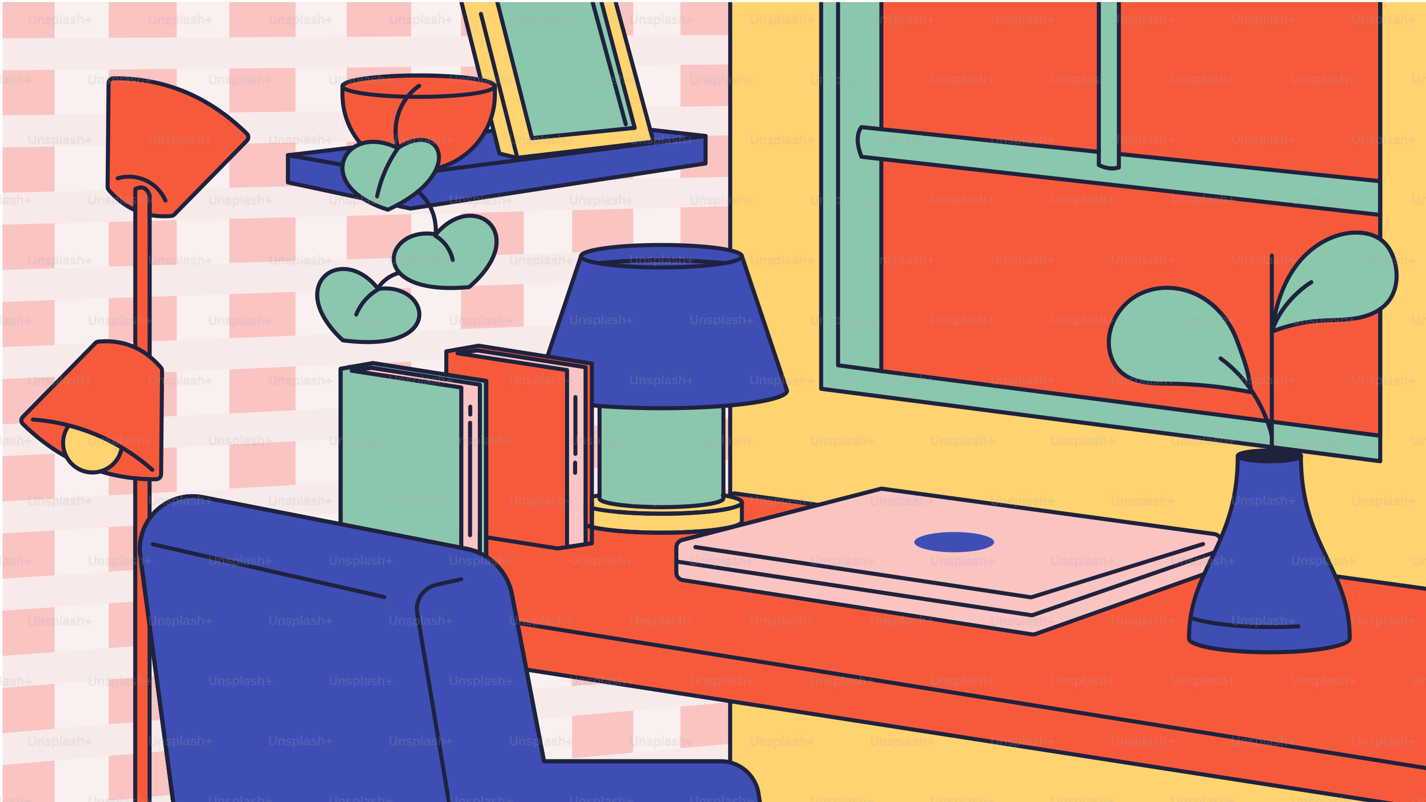 A drawing of a desk with a laptop and a lamp