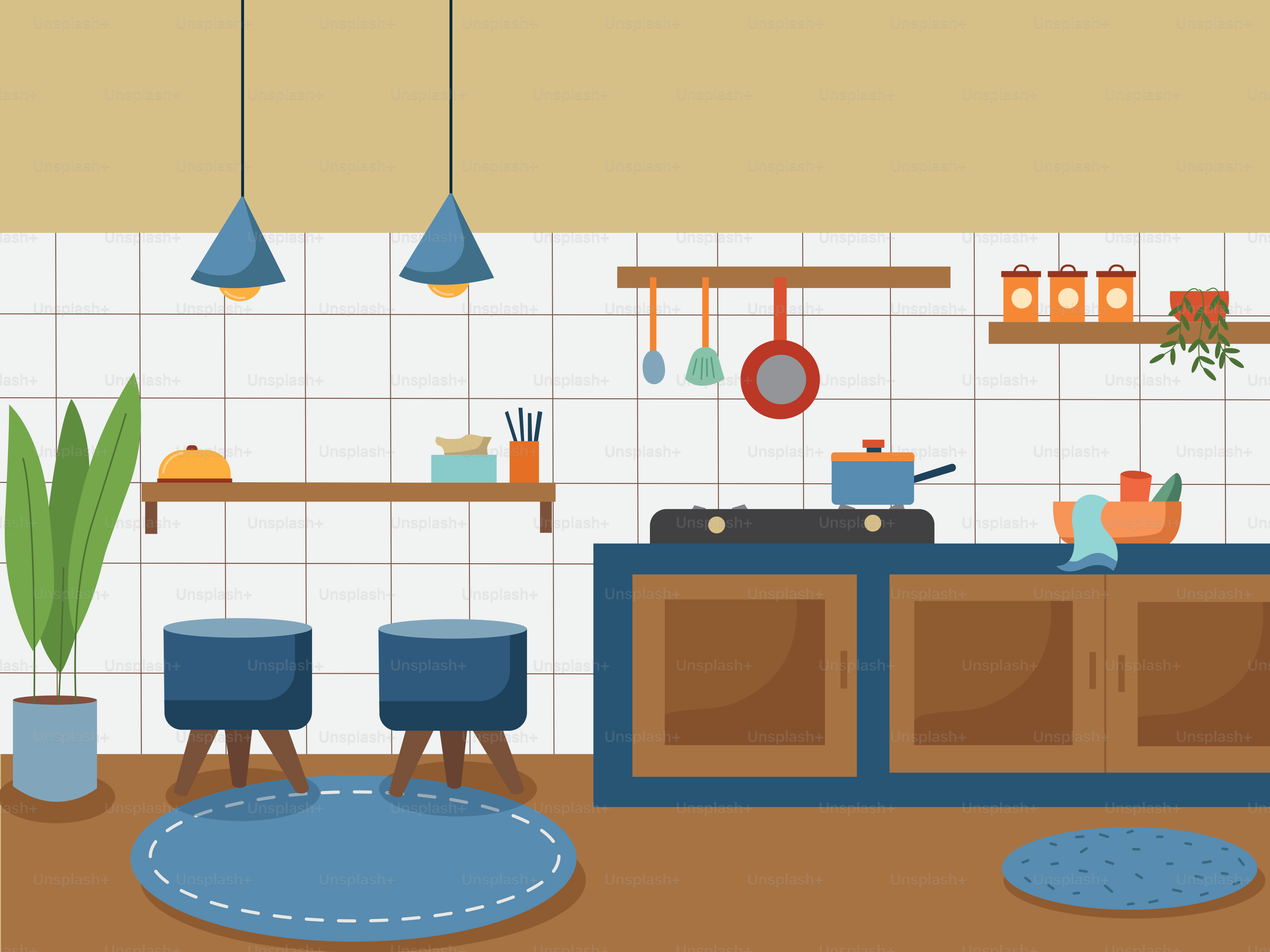 A kitchen with a blue counter and blue stools