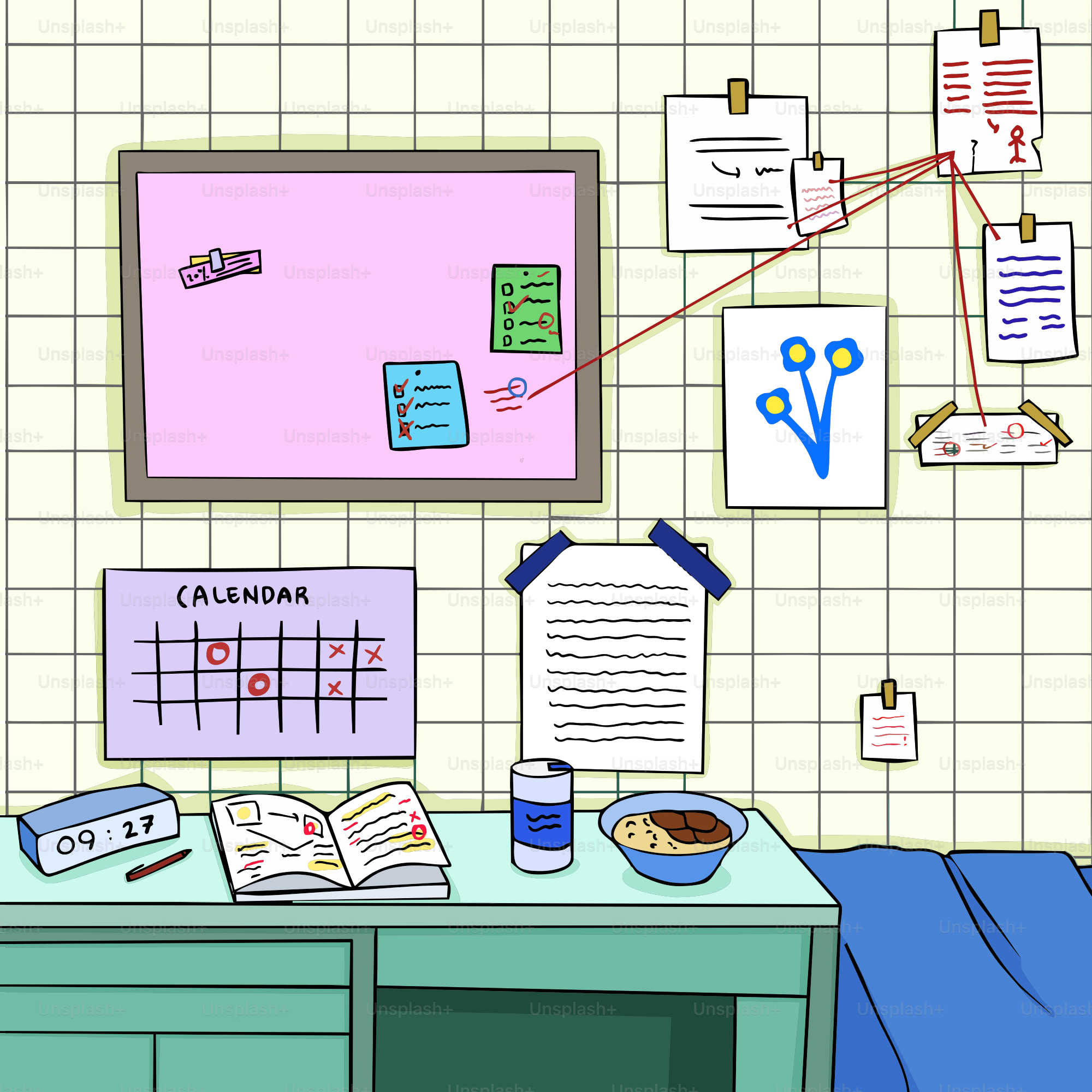 A room with a desk and a TV on the wall