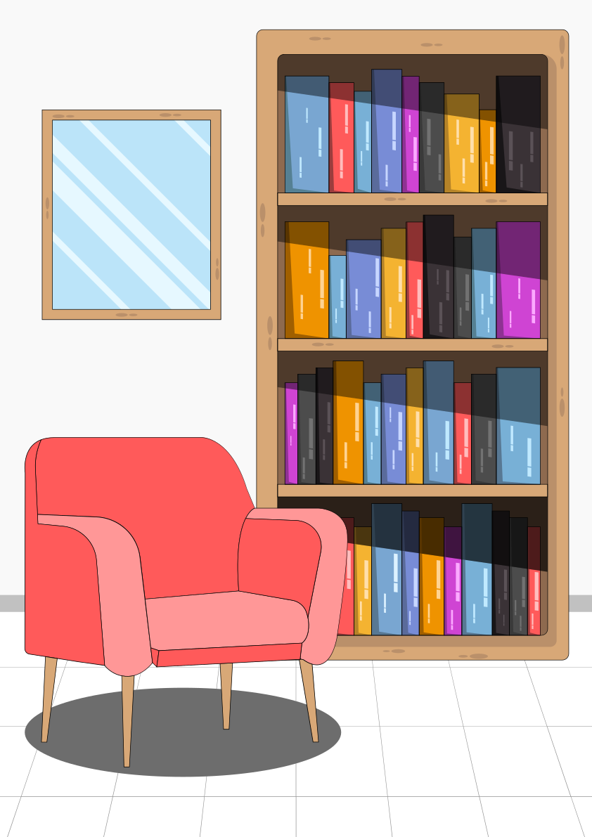 Ein Zimmer mit einem Stuhl, einem Bücherregal und einem Spiegel