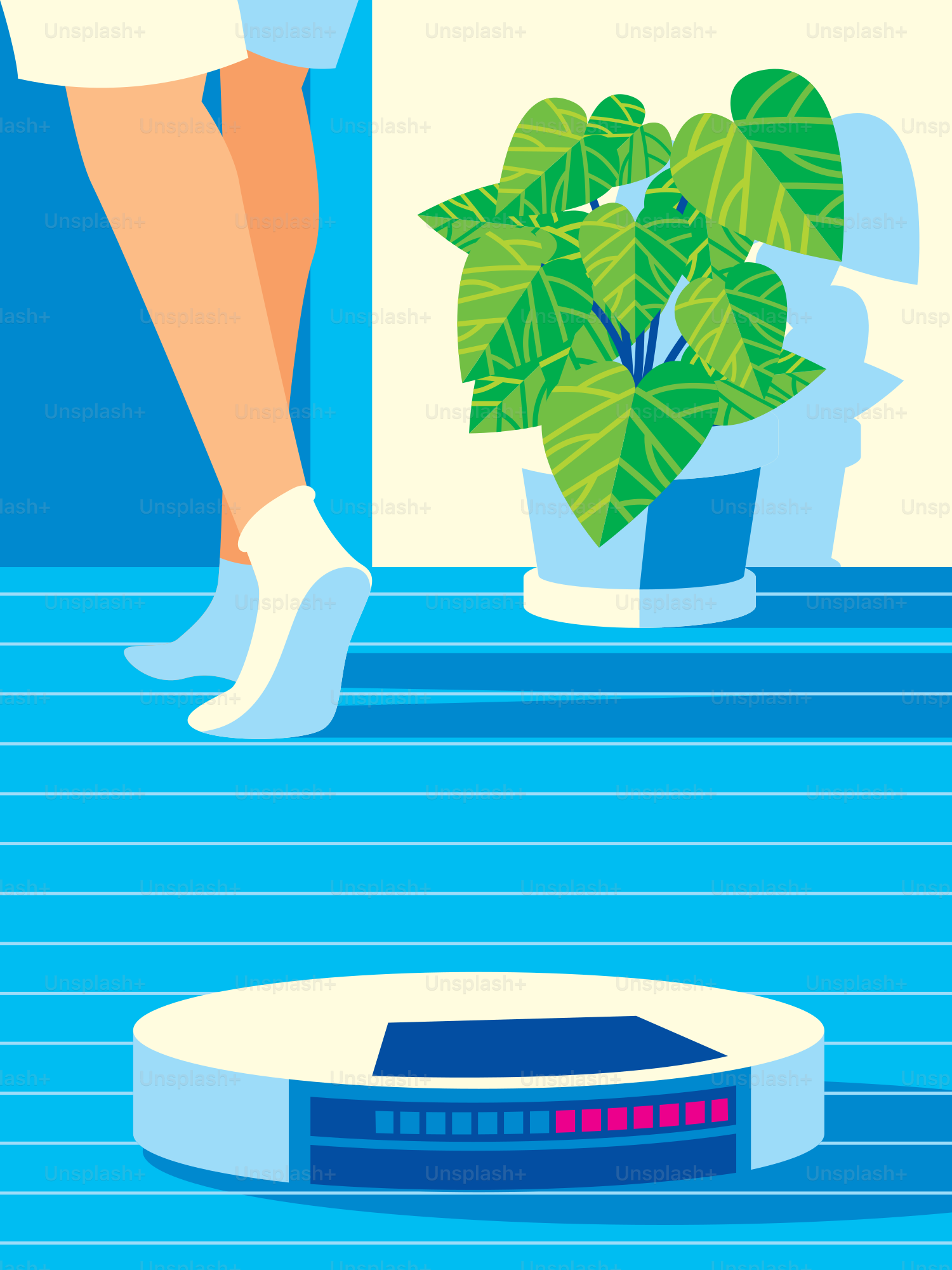 A woman standing on a step next to a potted plant