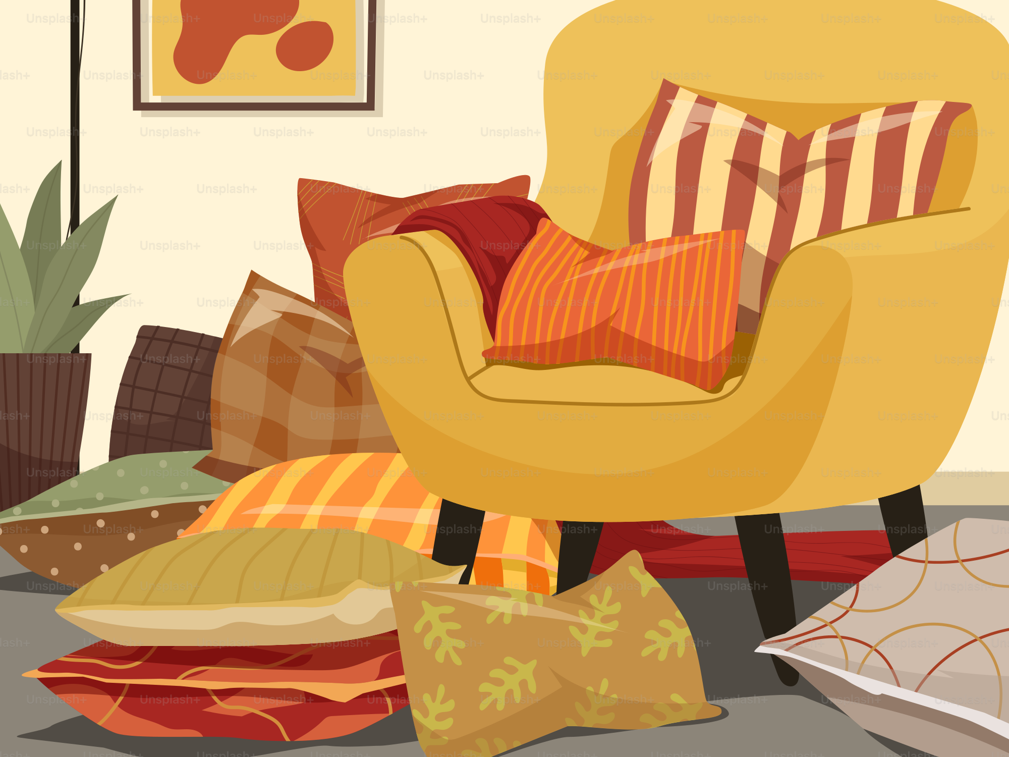 A yellow chair sitting in a living room next to a pile of pillows
