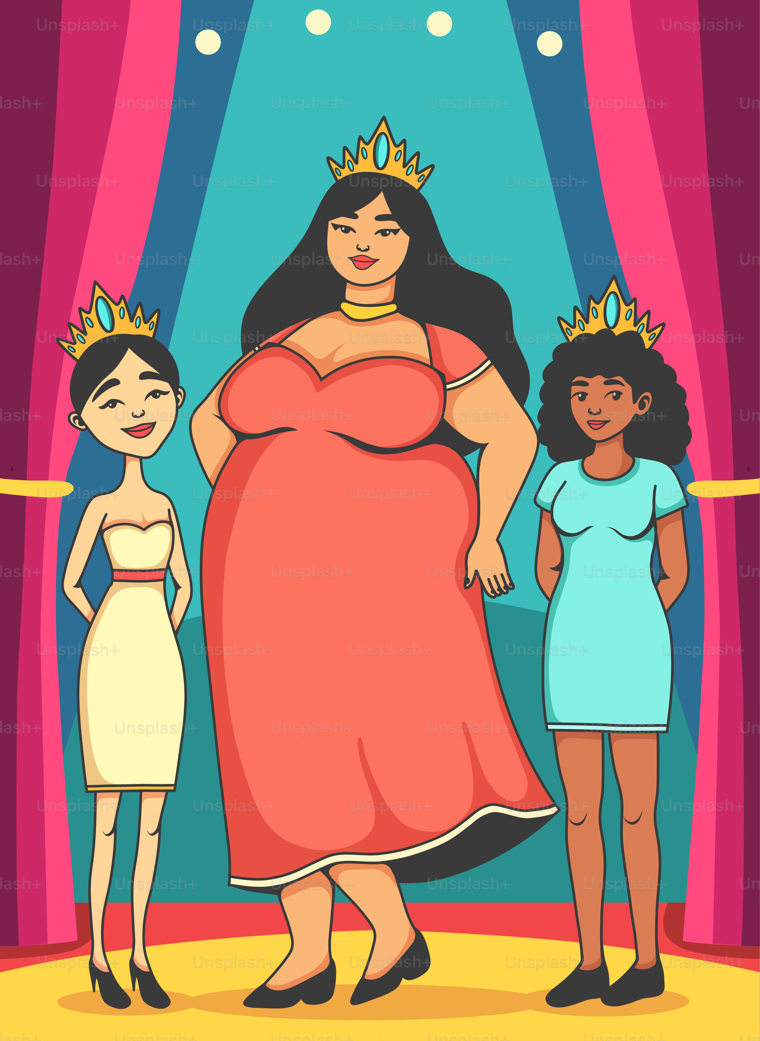 A woman in a red dress standing next to two girls