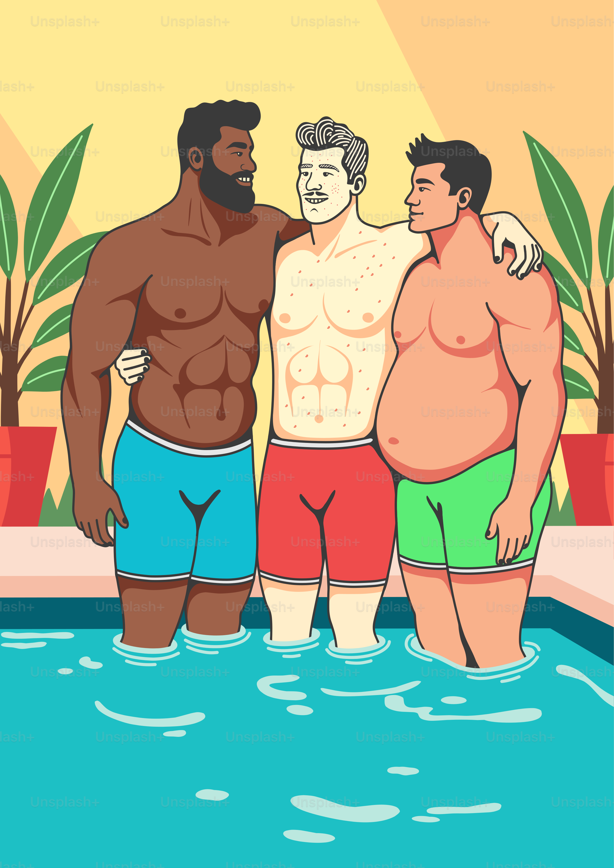 A couple of men standing next to each other in a pool