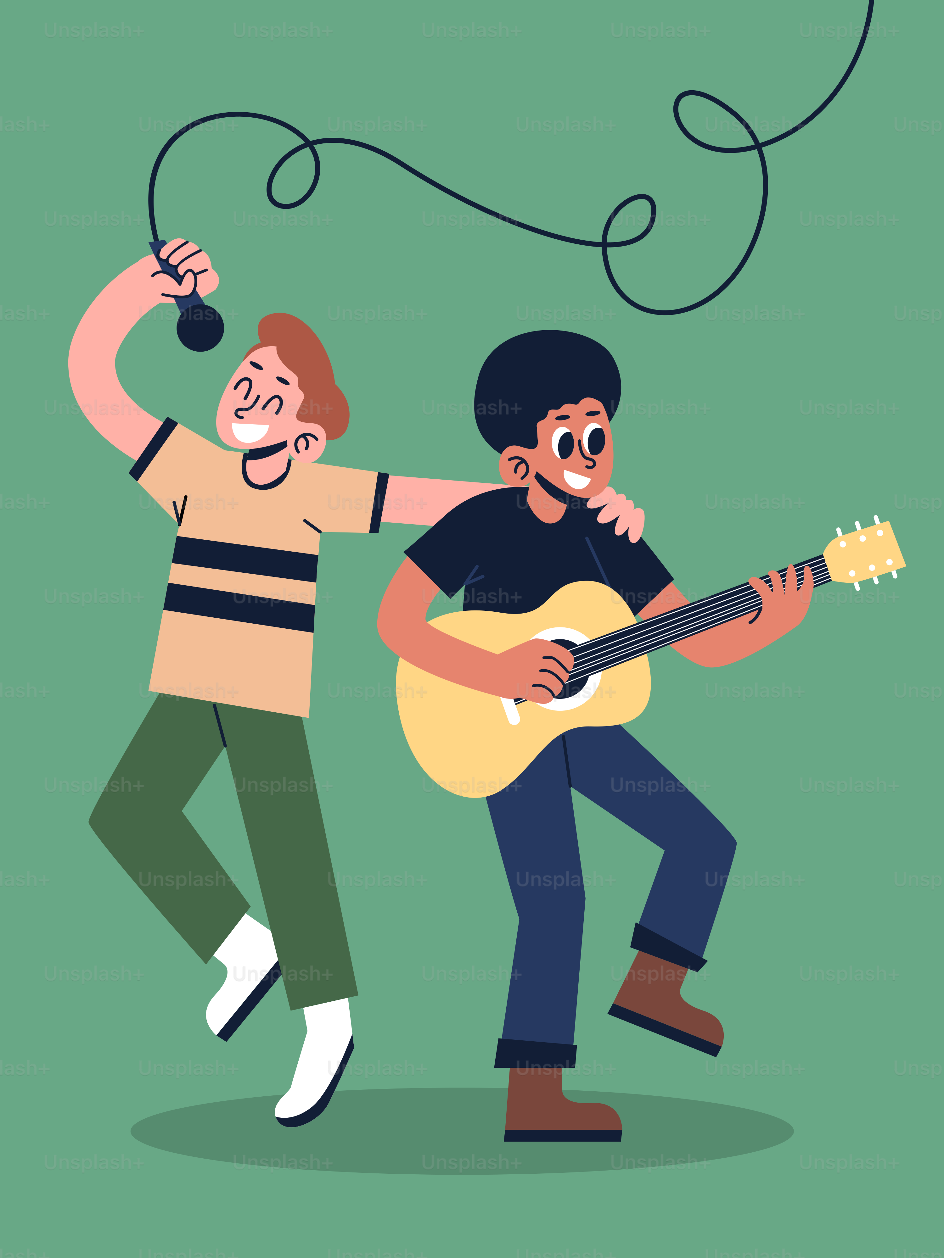 Two men with a guitar and a microphone