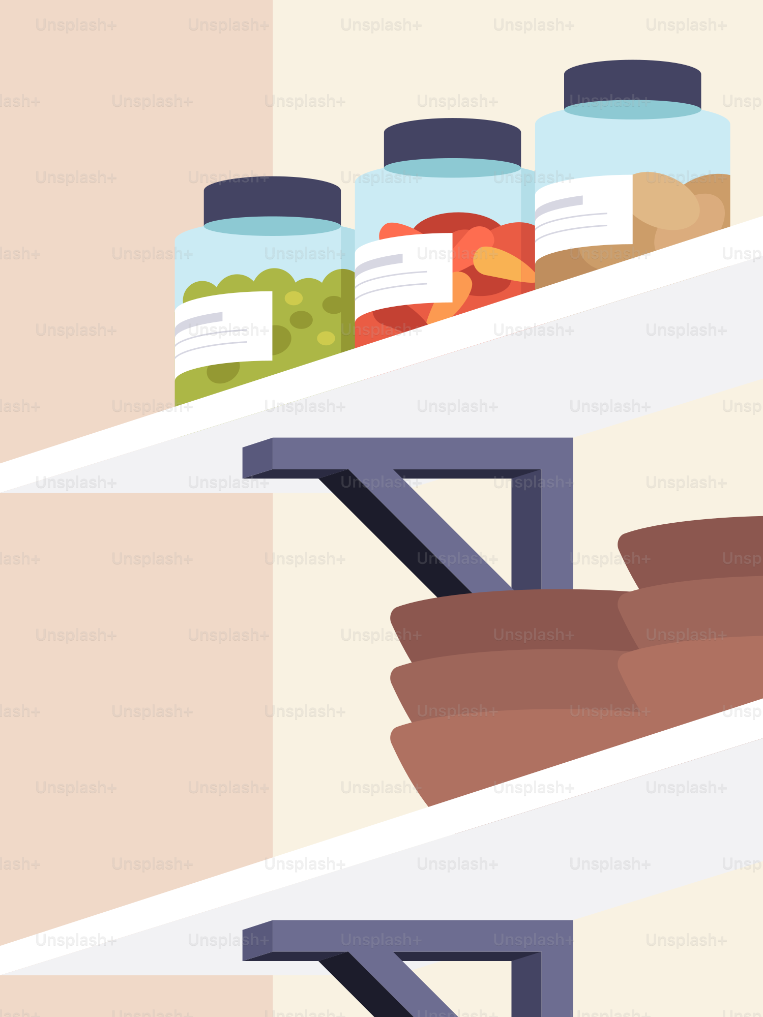 Two shelves with jars of food on them