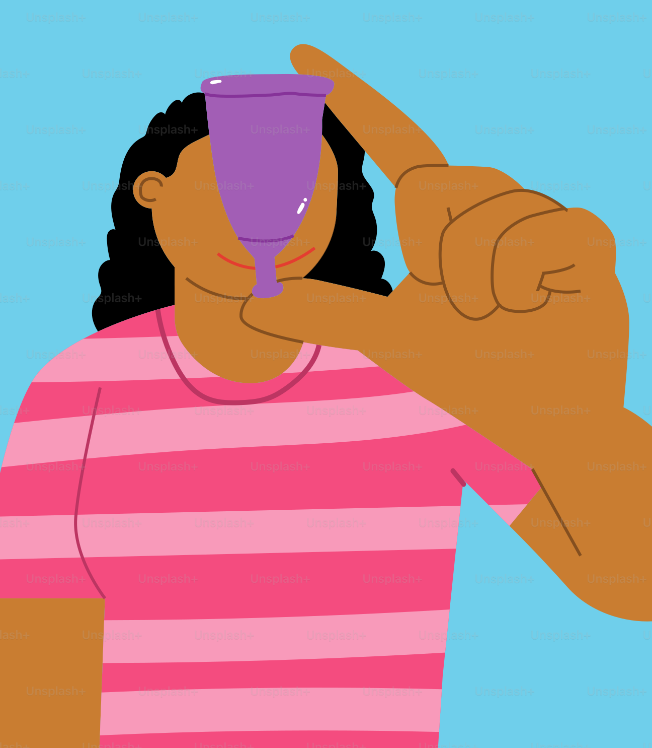 A woman in a pink and white striped shirt holding a purple cup