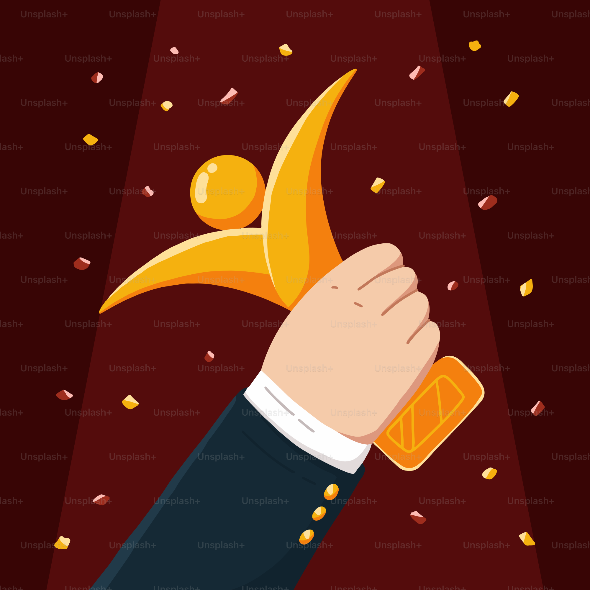 A hand holding a trophy with confetti around it