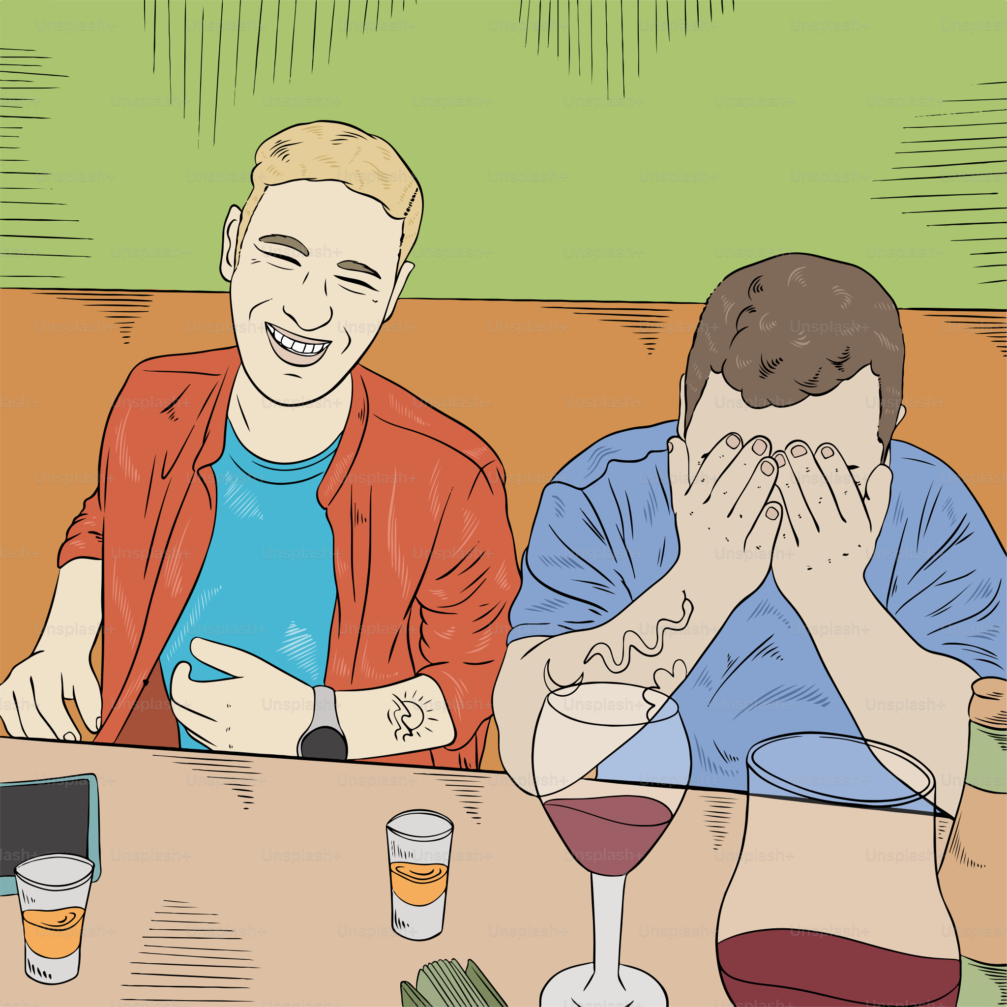 Due uomini seduti a un tavolo con un bicchiere di vino