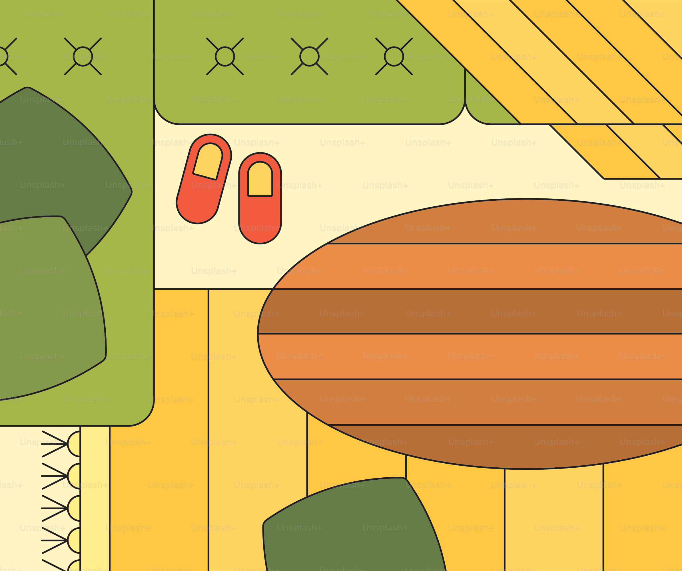 A top down view of a table and chairs