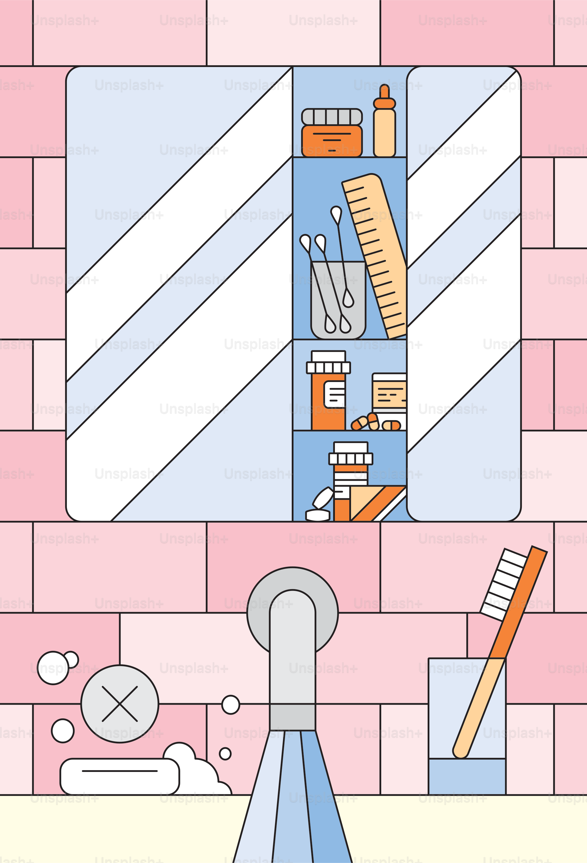 A bathroom with a pink brick wall and a mirror