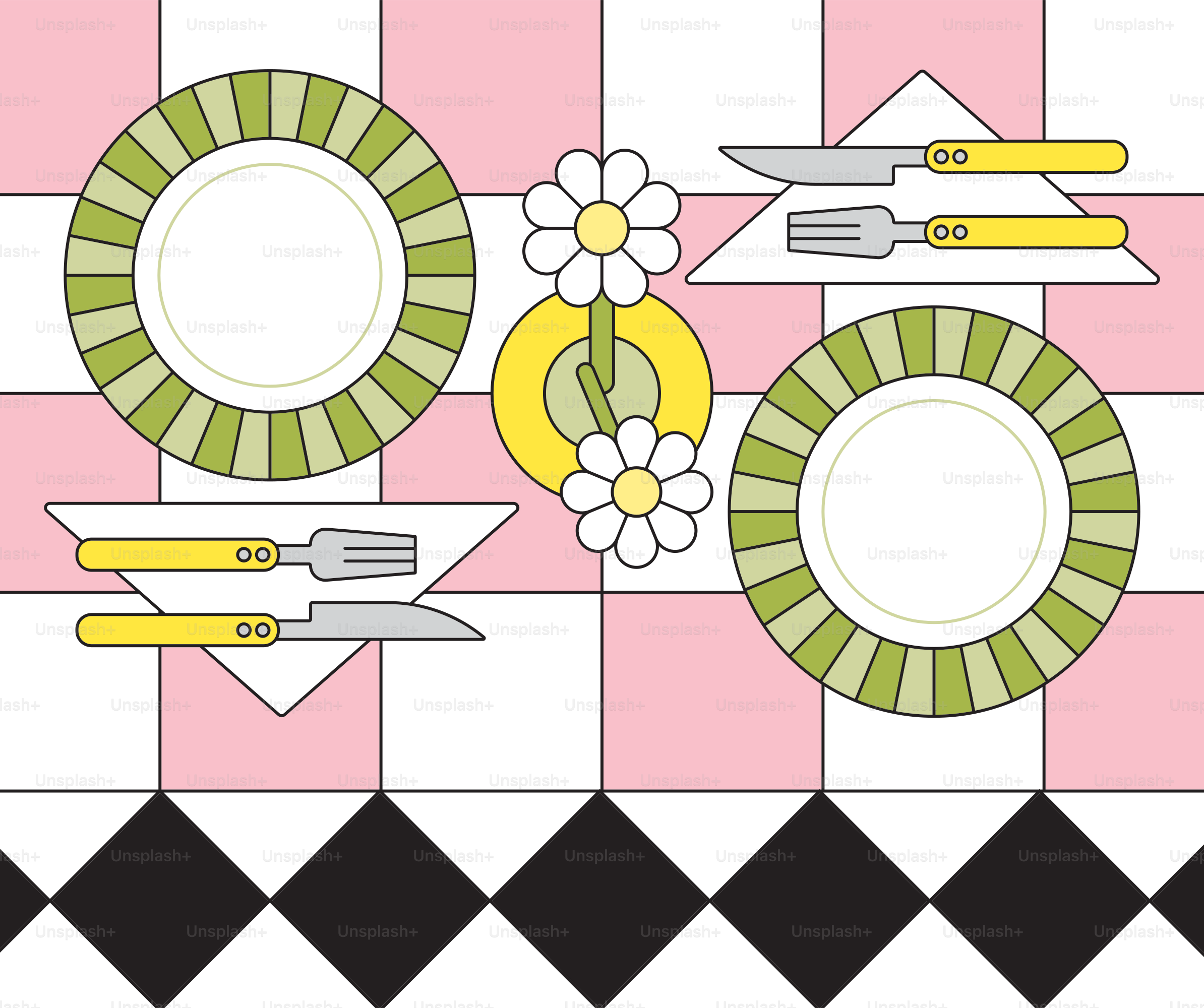 A table with a checkered table cloth and place settings