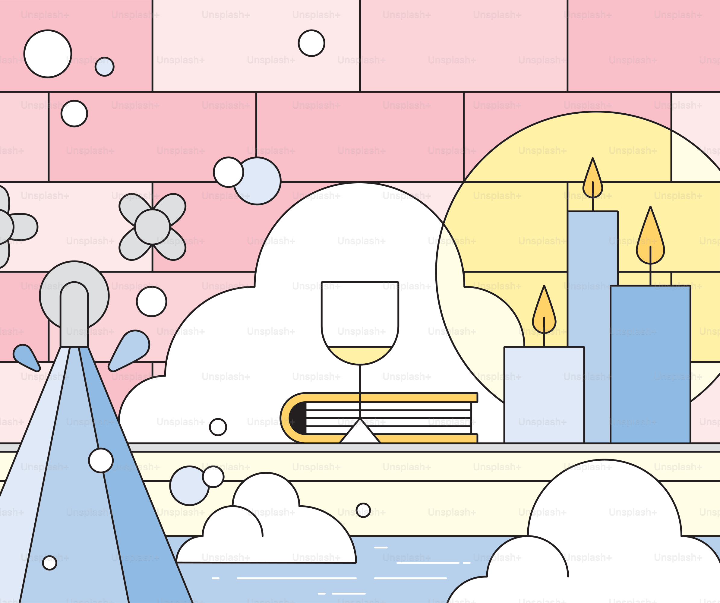 A picture of a room with a lot of clouds and candles