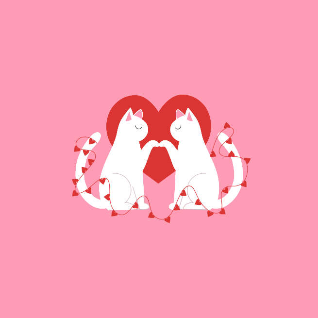 A couple of cats sitting next to each other on a pink background