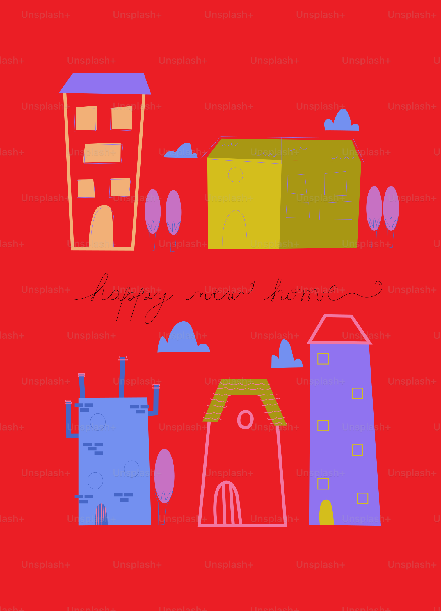 A red background with some buildings and trees