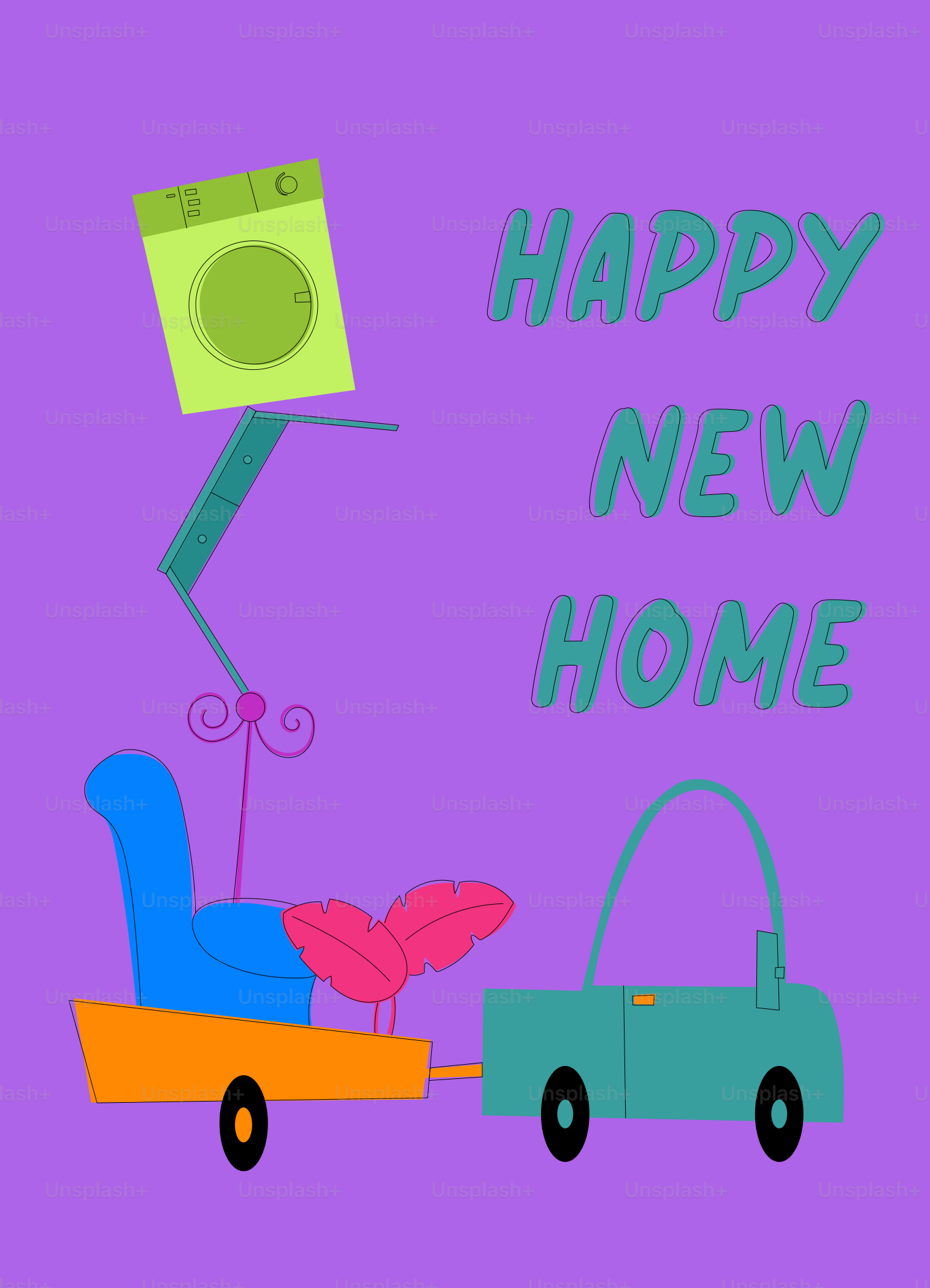 A purple background with a blue car and a green sign that says happy new home