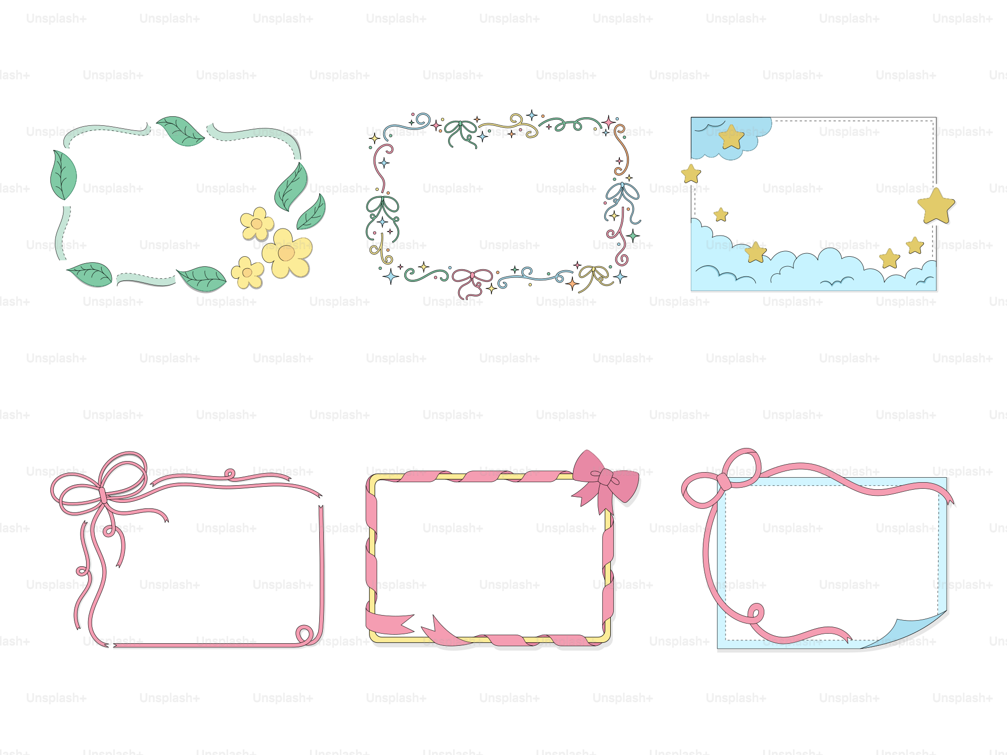 Ein Set aus vier Rahmen mit Blumen und Schleifen