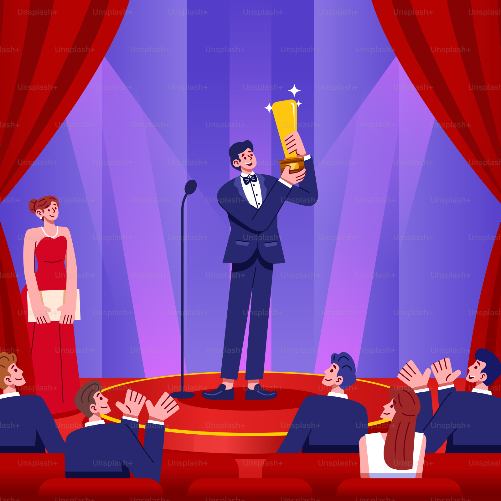 A man in a tuxedo holding a trophy on a stage