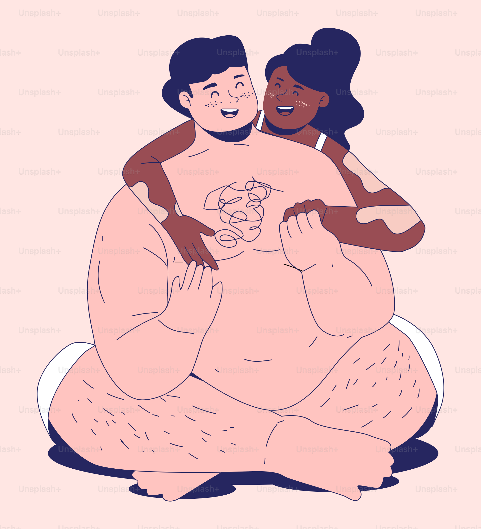 A man and woman hugging each other on a pink background