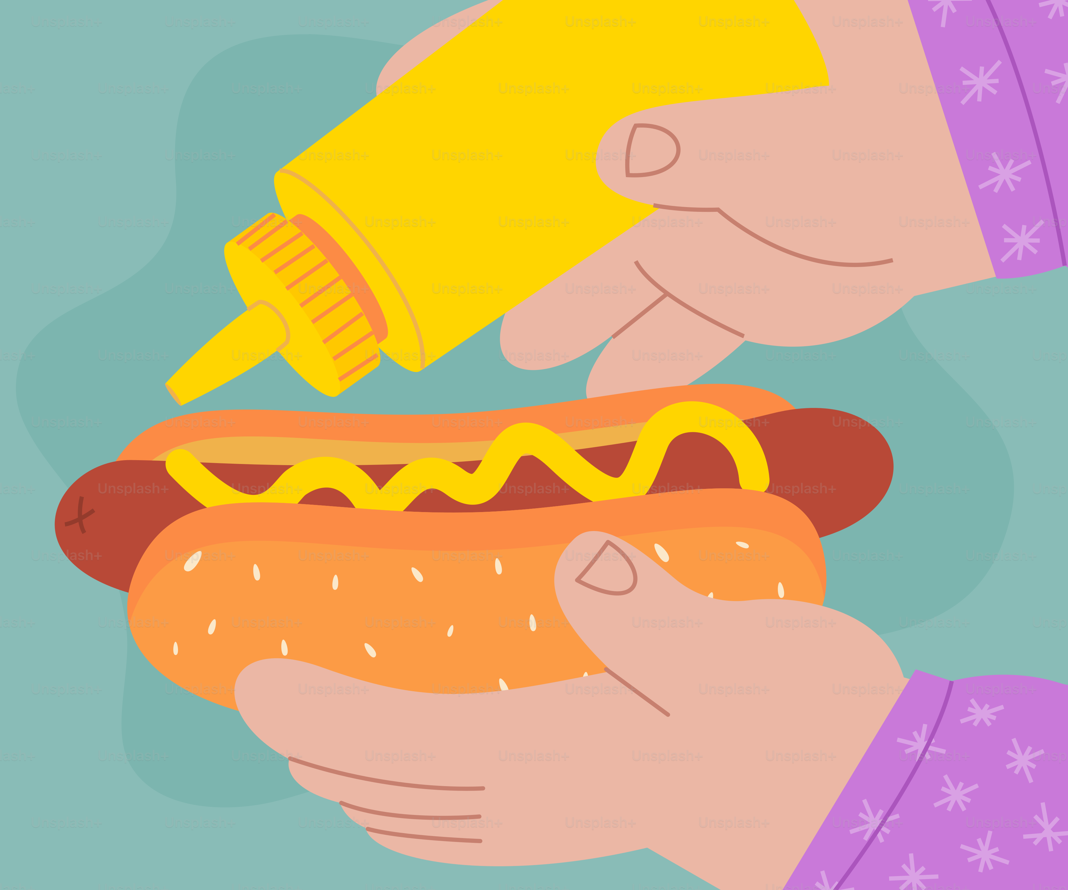 Eine Person, die einen Hot Dog mit Senf und Ketchup hält