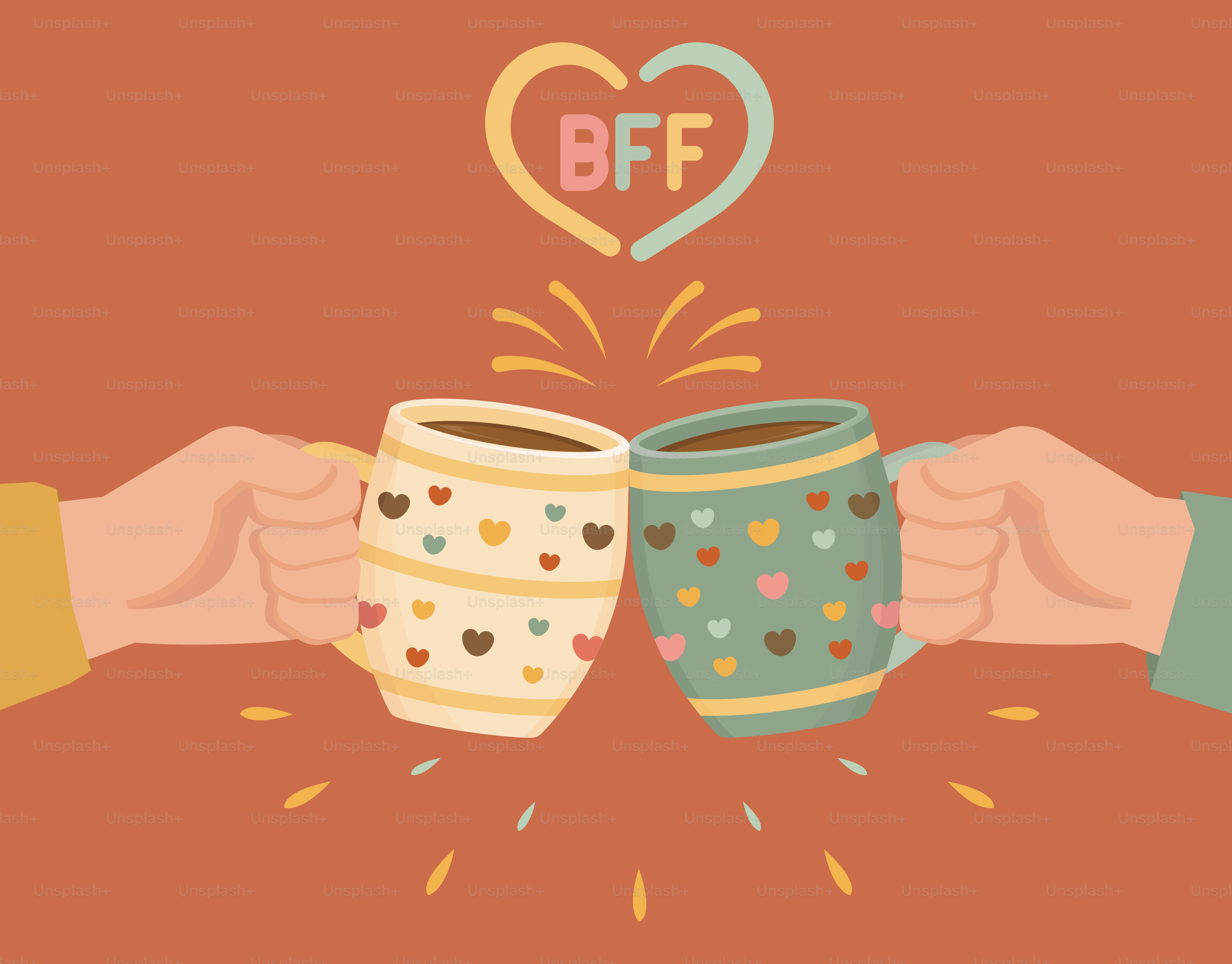 Two people holding coffee mugs with a heart above them