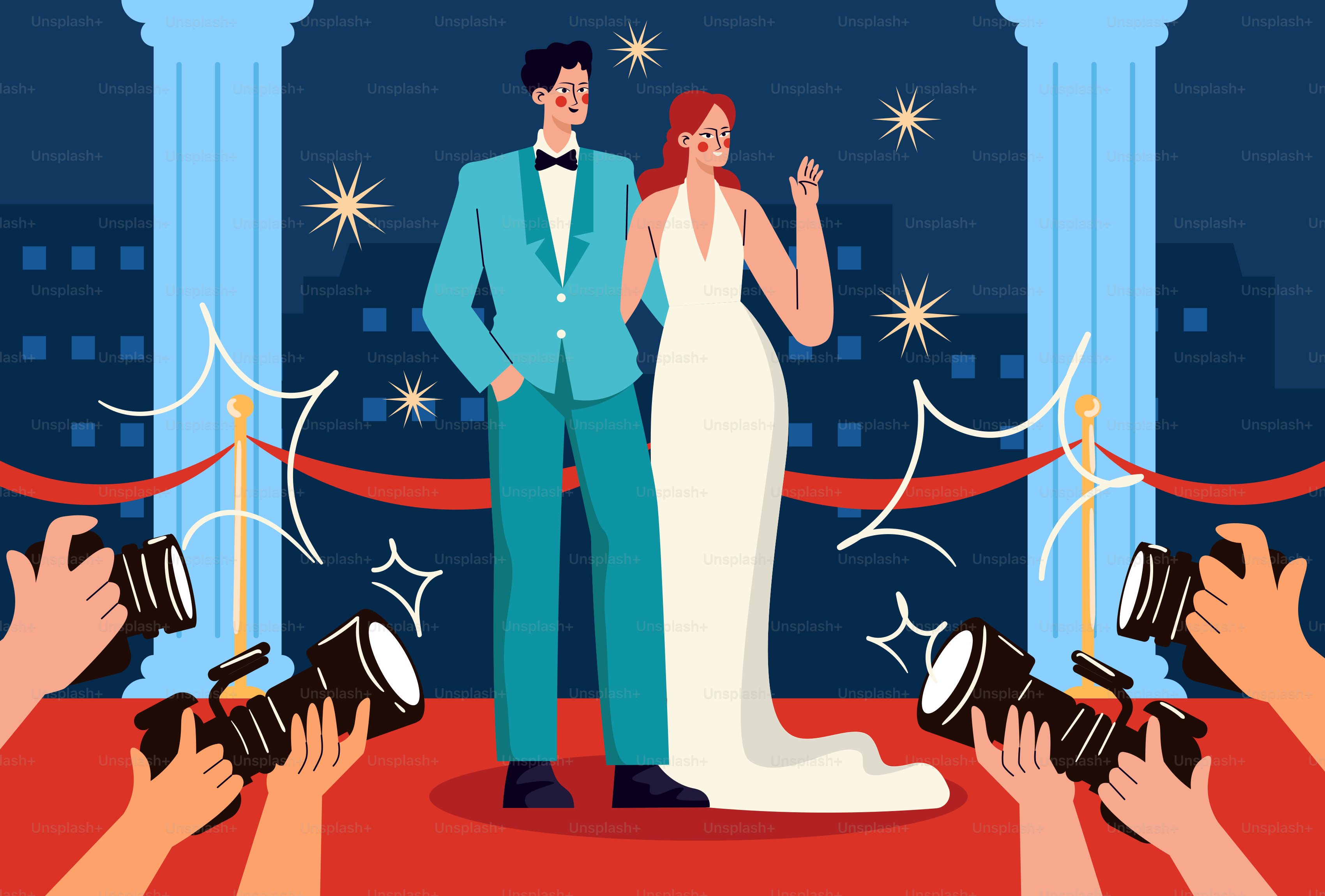 Un hombre y una mujer de pie sobre una alfombra roja