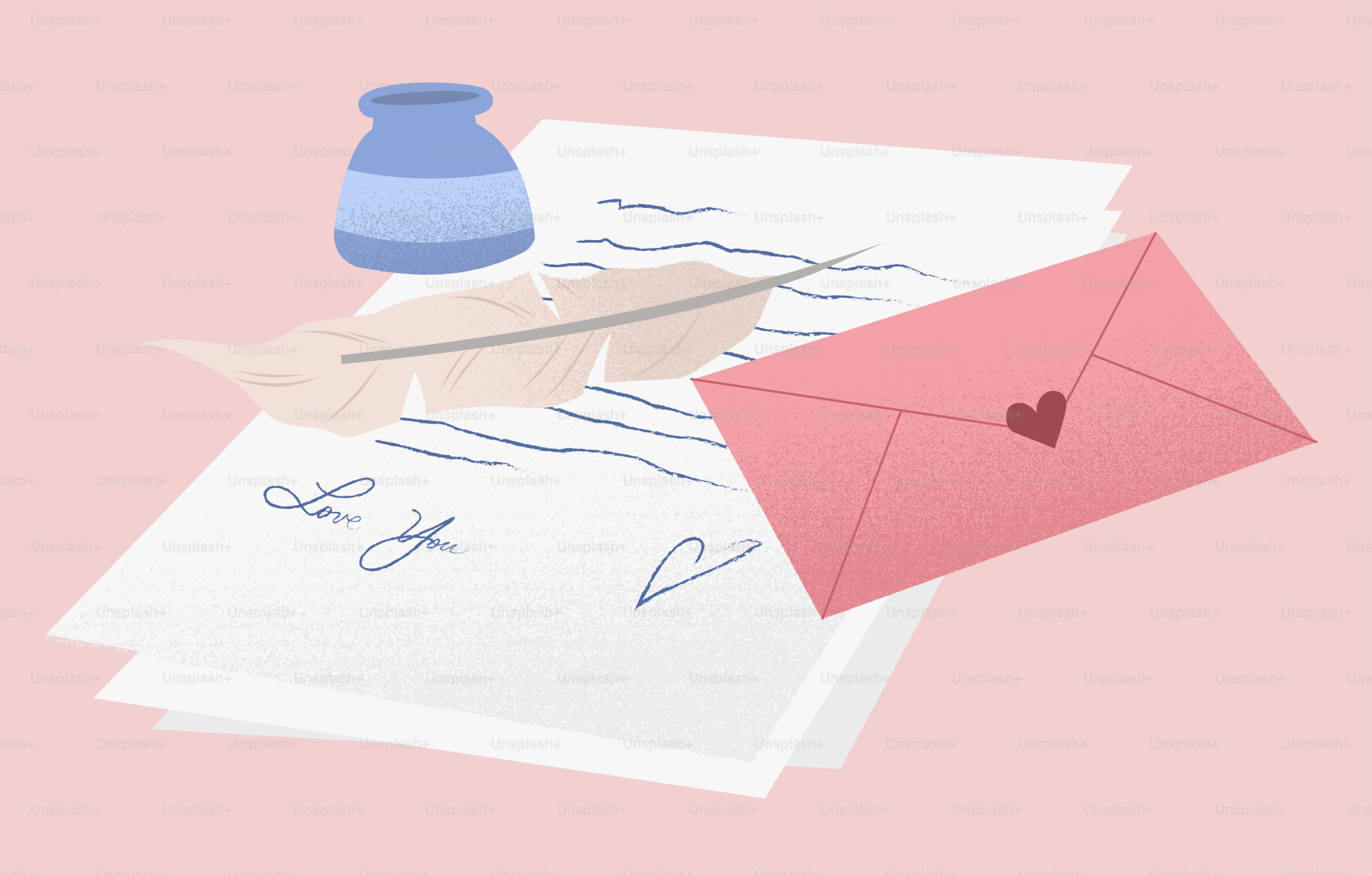 A pink envelope and a blue vase on a pink background