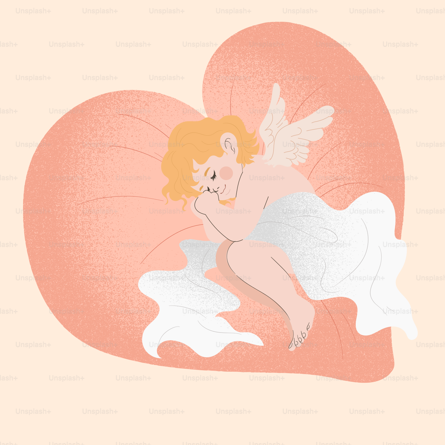 A cupid angel sitting on a heart shaped pillow
