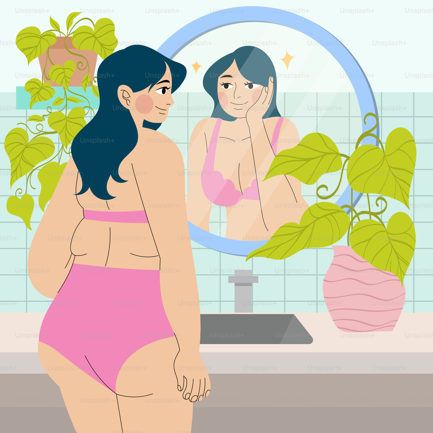 Uma mulher de maiô rosa olhando para seu reflexo no espelho