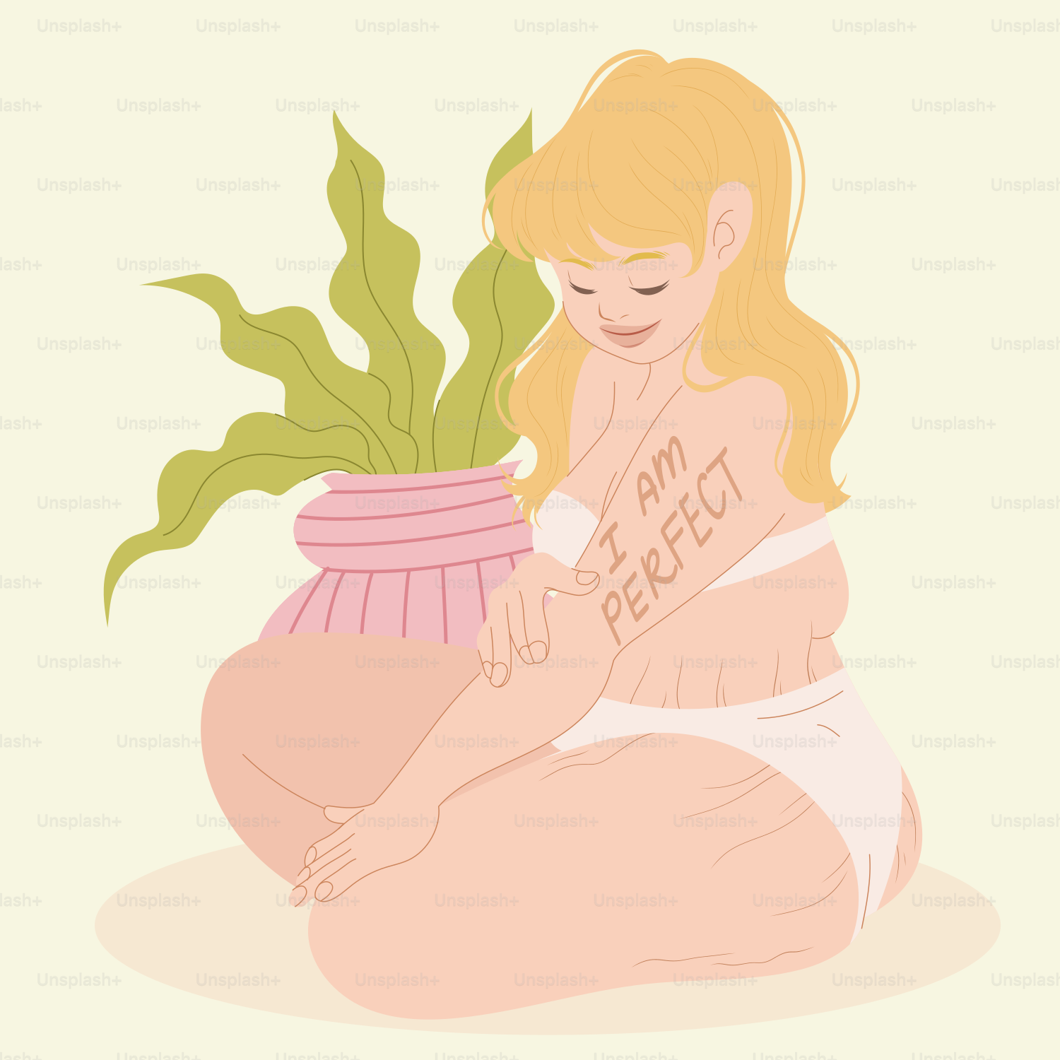 A woman sitting on the ground next to a potted plant