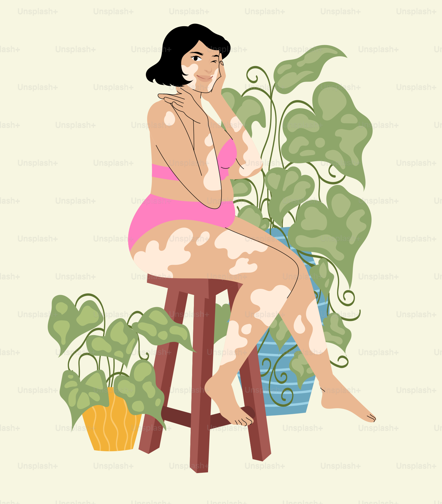 A woman sitting on a stool next to a potted plant