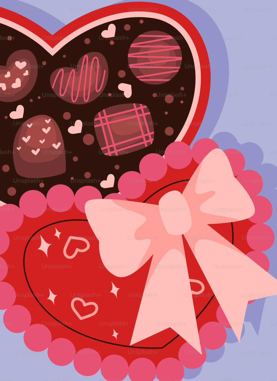 Eine herzförmige Schachtel voller Pralinen und ein Bogen