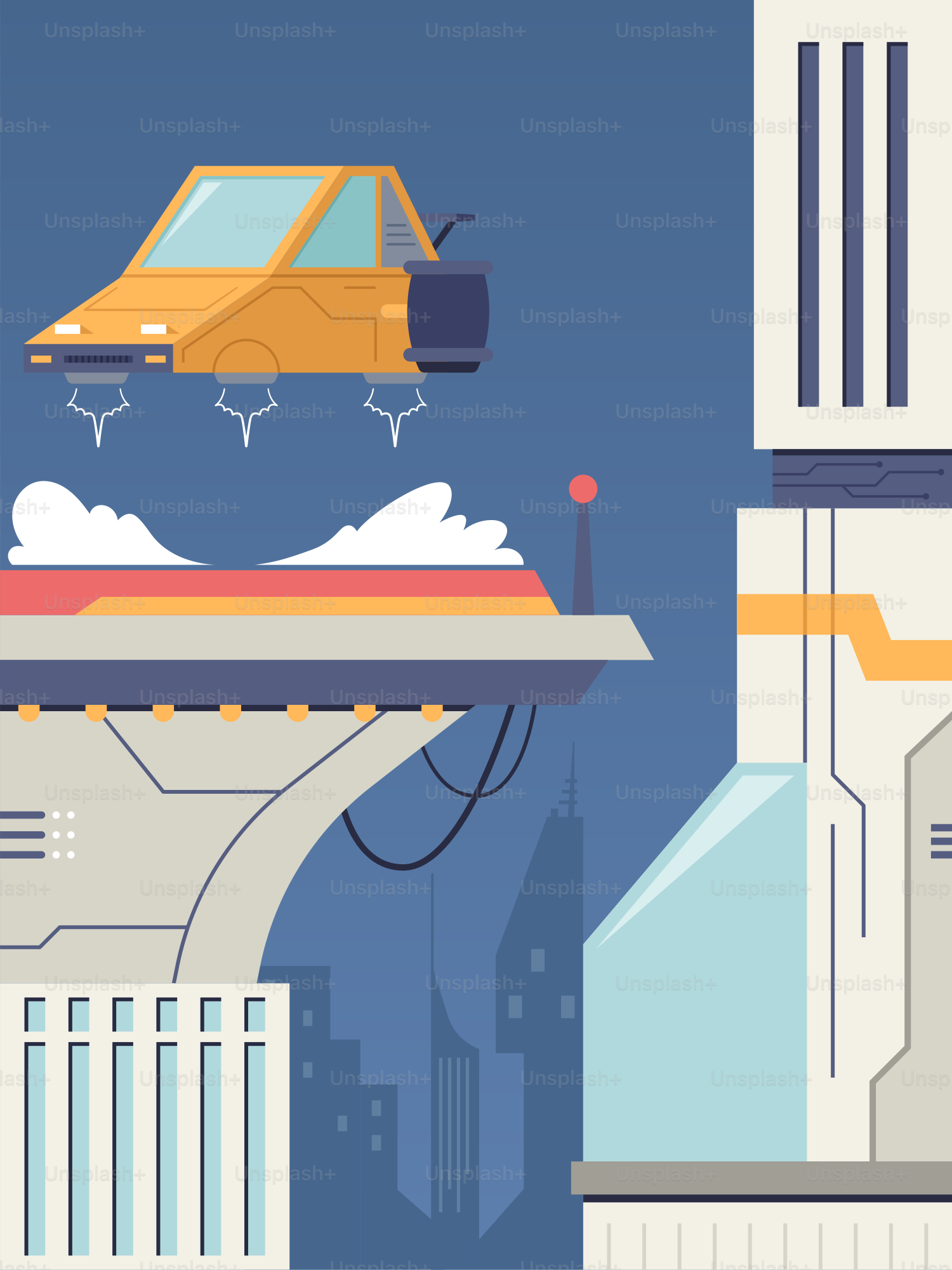 Una ilustración de un coche sobrevolando una ciudad