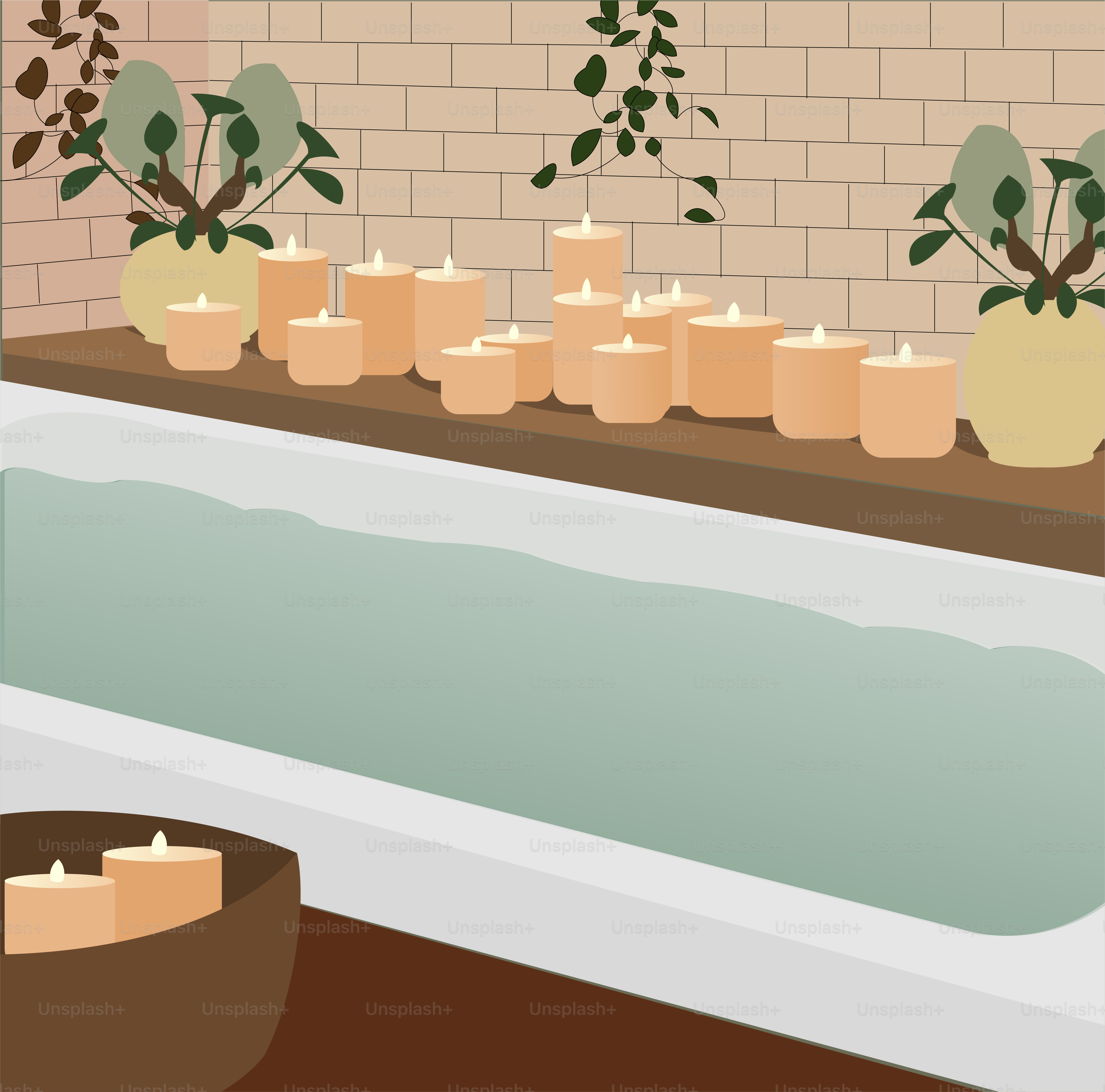 A bath room with a tub a plant and candles