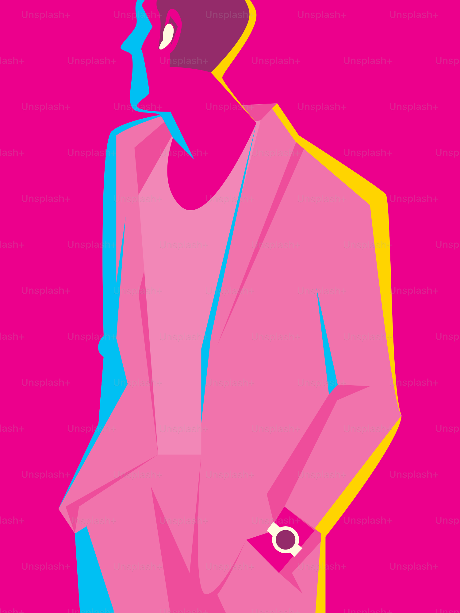 Um homem de terno rosa com fundo rosa
