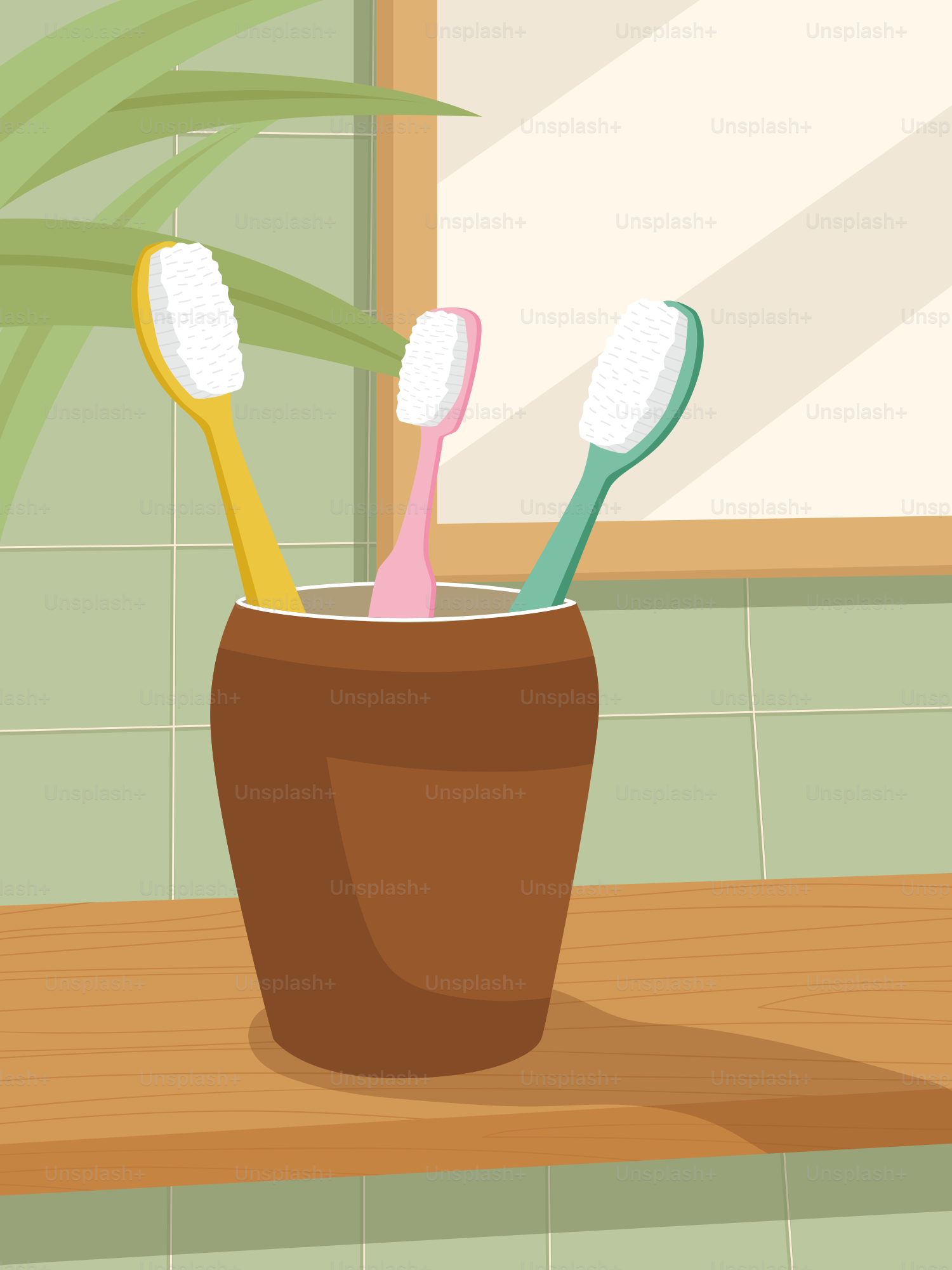 Three toothbrushes in a cup on a counter