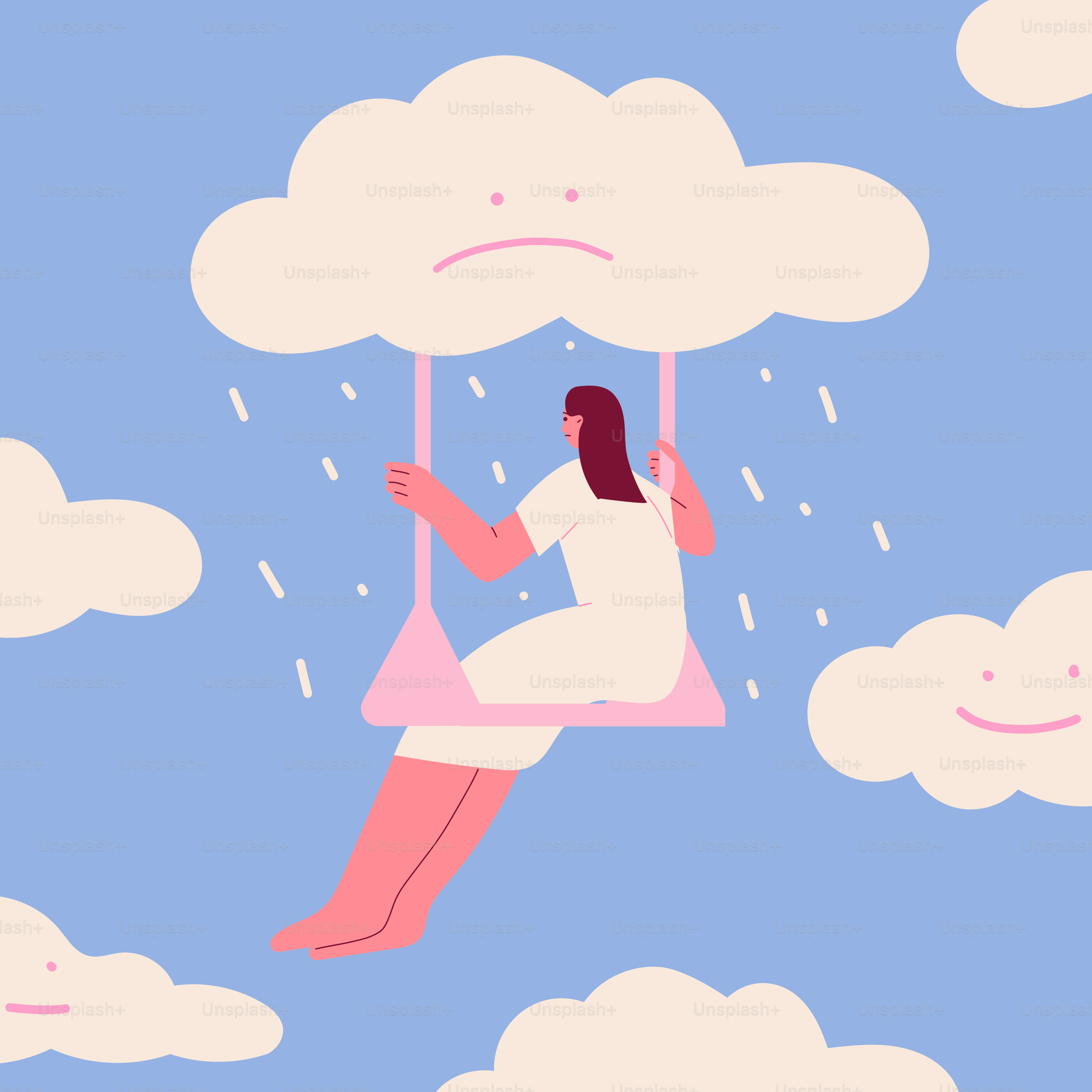 A woman sitting on a cloud with an umbrella