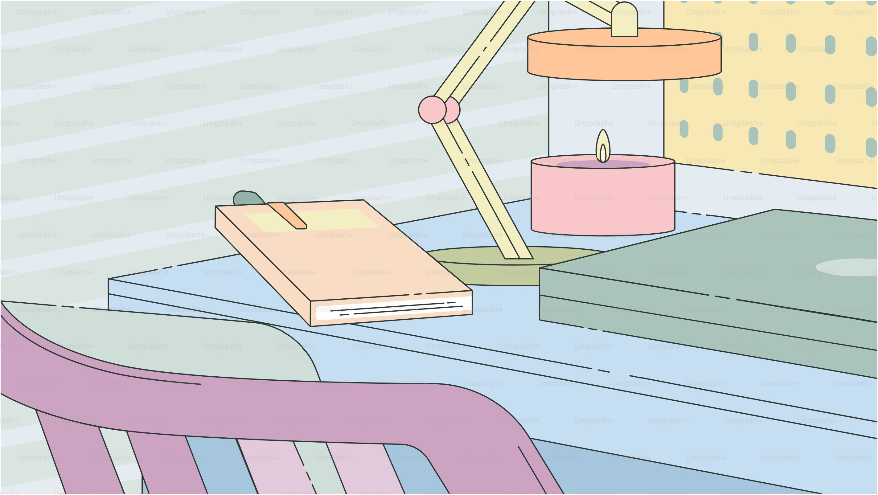 A desk with a lamp and a book on it