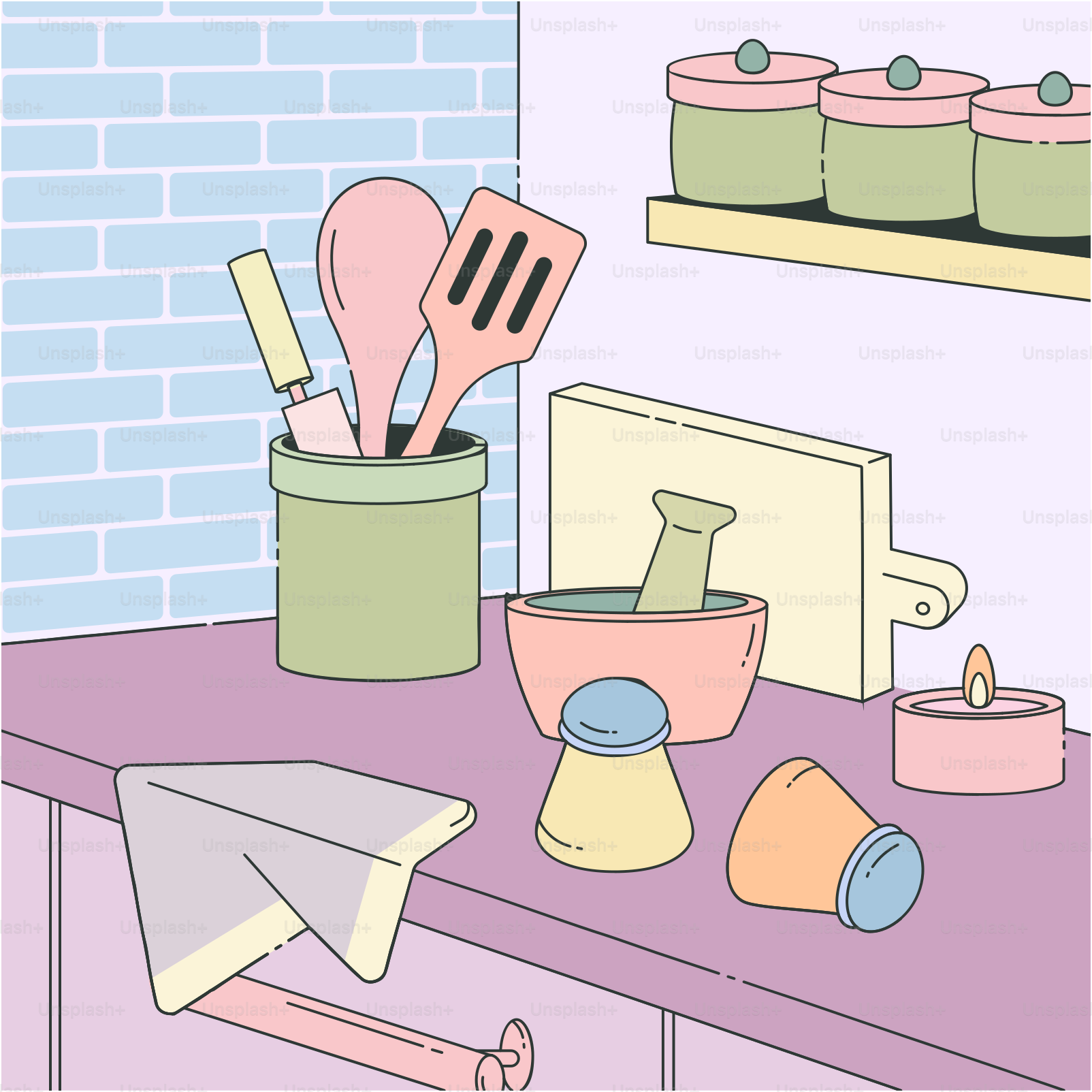 A kitchen counter with utensils in a bucket